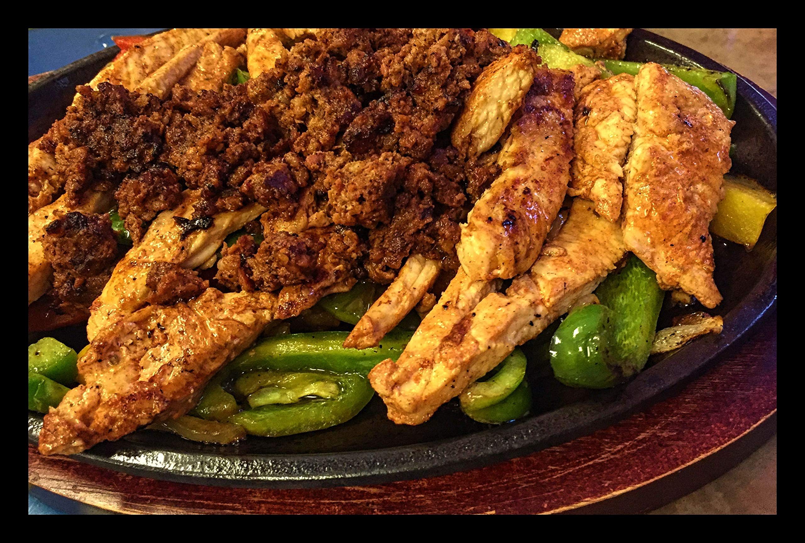 Happy Sales Hsgrd-Rnd95, Large Cast Iron Steak Plate Sizzle Griddle With Wooden Base Steak Pan Grill Fajita Server Plate Househo