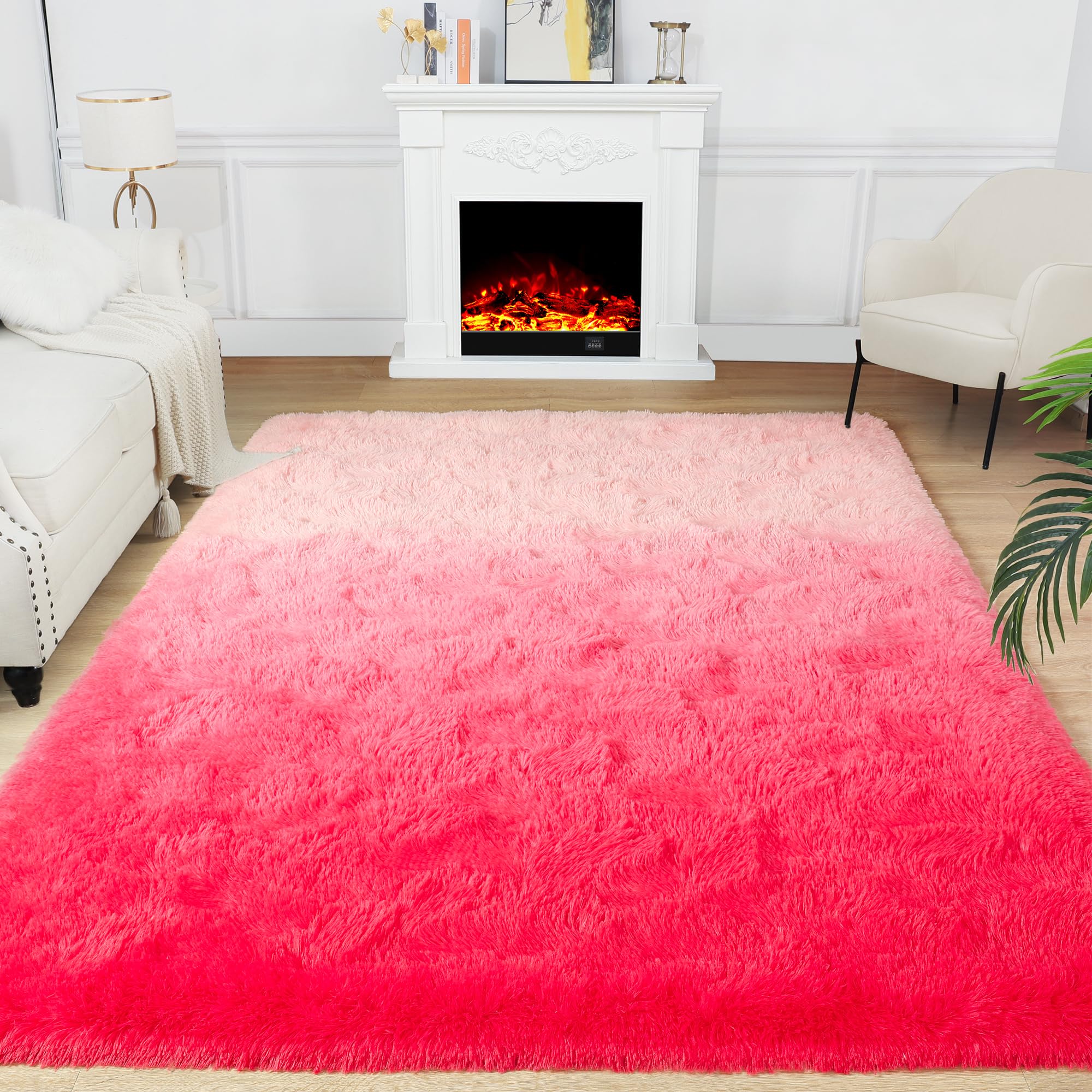 Noahas 4x6 Fluffy Kids Rugs for Room,Soft Red and PinkTie-Dyed Rainbow Rug for Girls Bedroom,Soft Colorful Playroom Shag Nursery