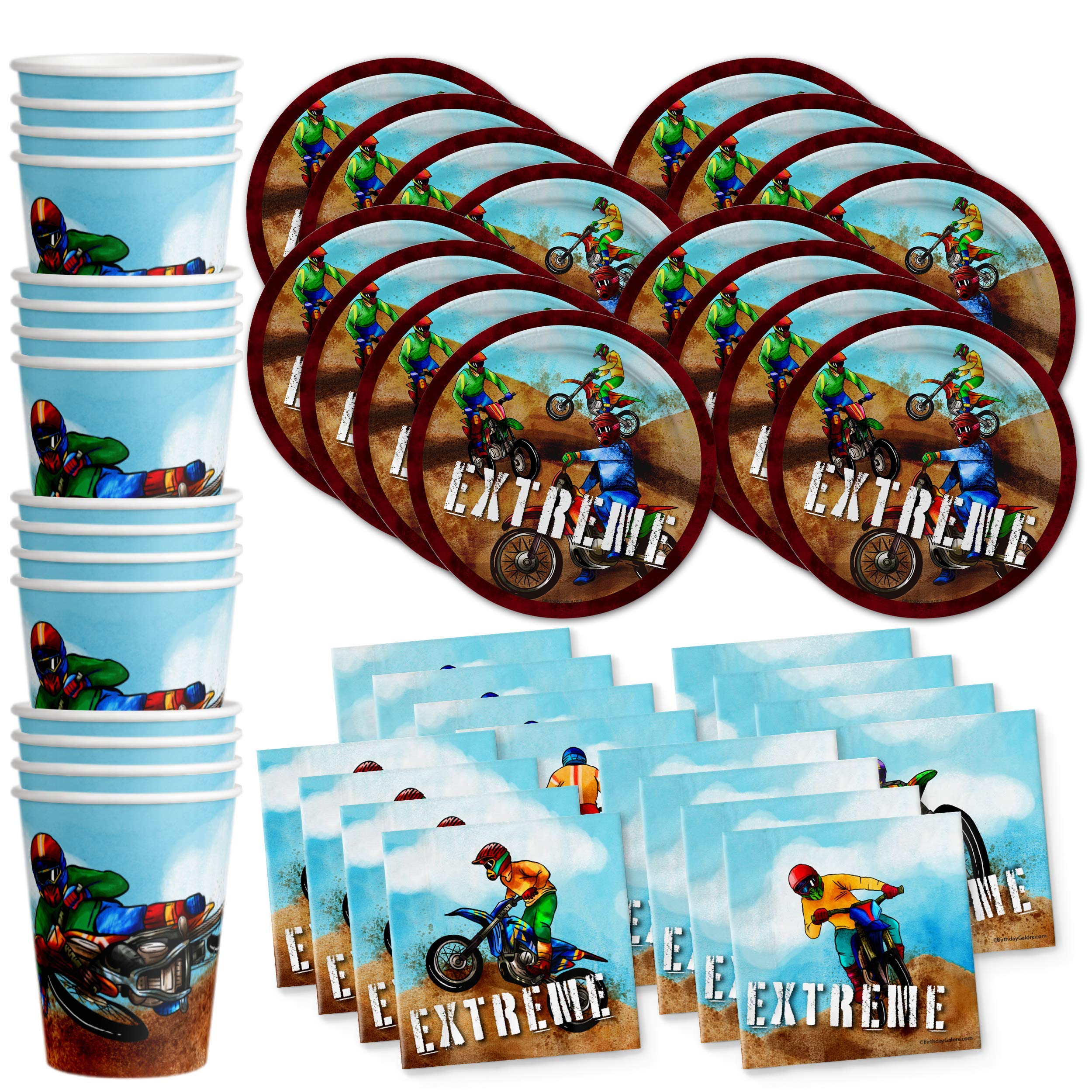 Dirt Bike Birthday Party Supplies - Boy'S Motorcross Birthday - Motorcycle Part Set Includes Plates Napkins Cups Tableware Kit F