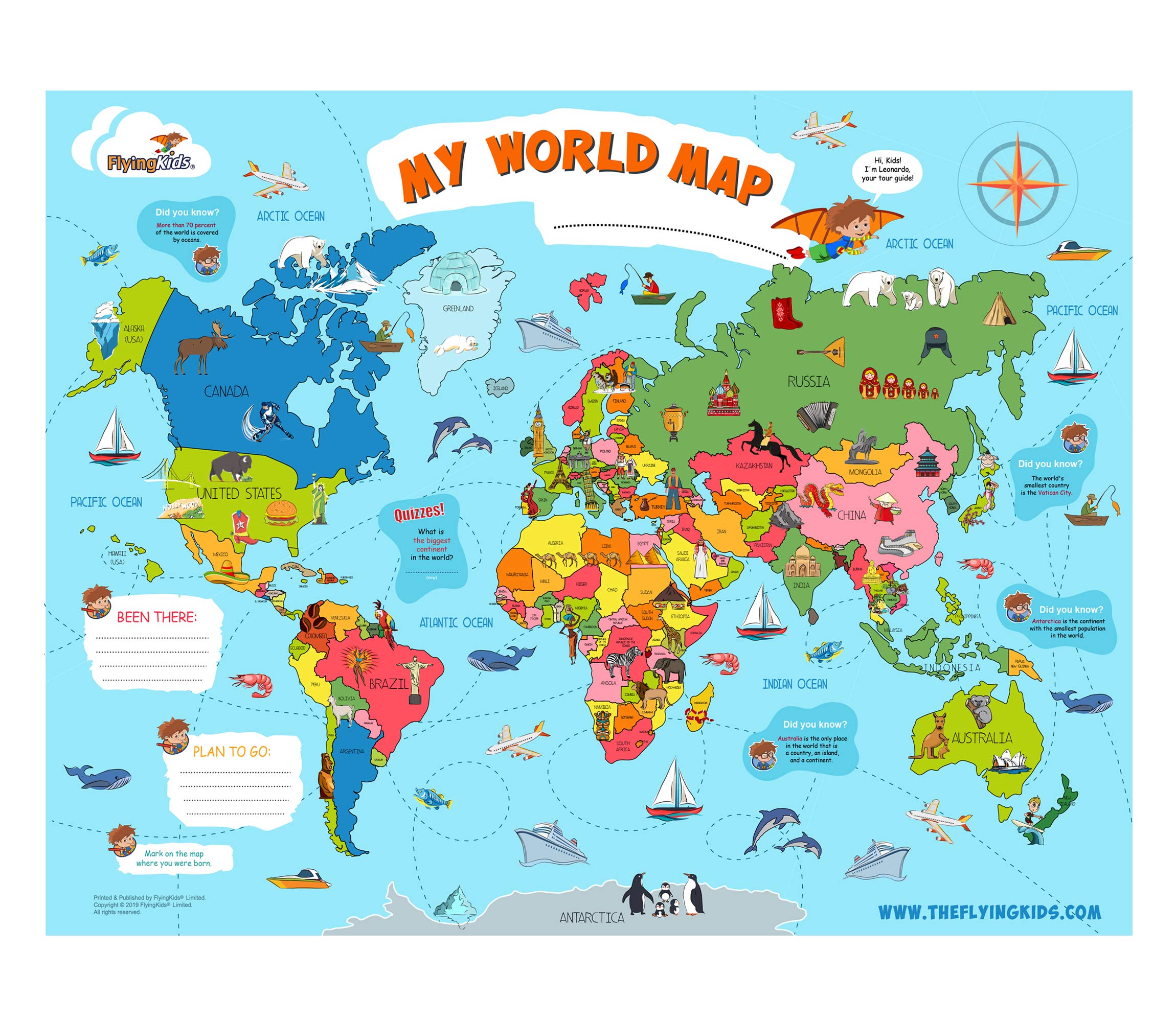Flyingkids World Map Poster For Kids. Educational, Interactive, Personalized, Laminated Nursery Wall Art That Grows Up With Kids
