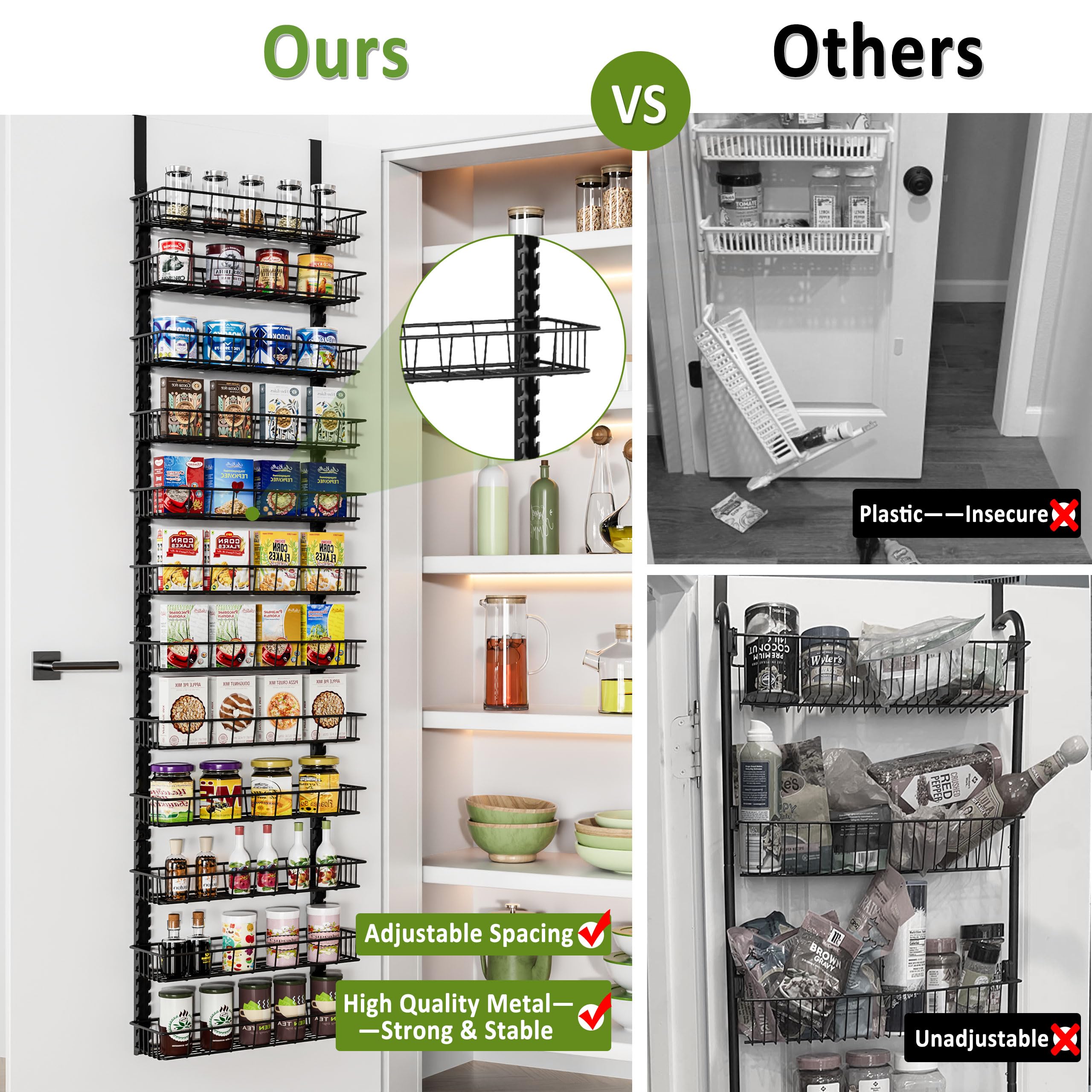 Churboro Over the Door Pantry Organizer Rack with 12 Adjustable Baskets, 12 Tiers Dual-use Spice Rack- Hanging or Wall Mount Spi