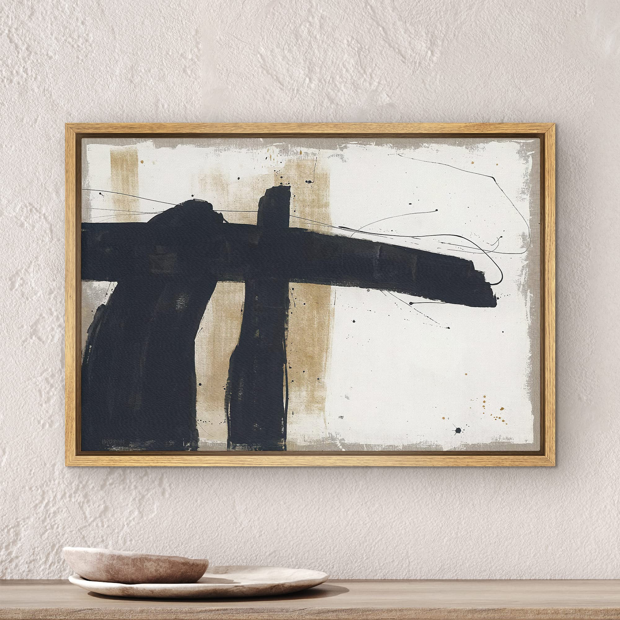 Signwin Framed Canvas Print Wall Art Grunge Black Brown Paint Strokes Abstract Shapes Illustrations Modern Art Decorative Contem