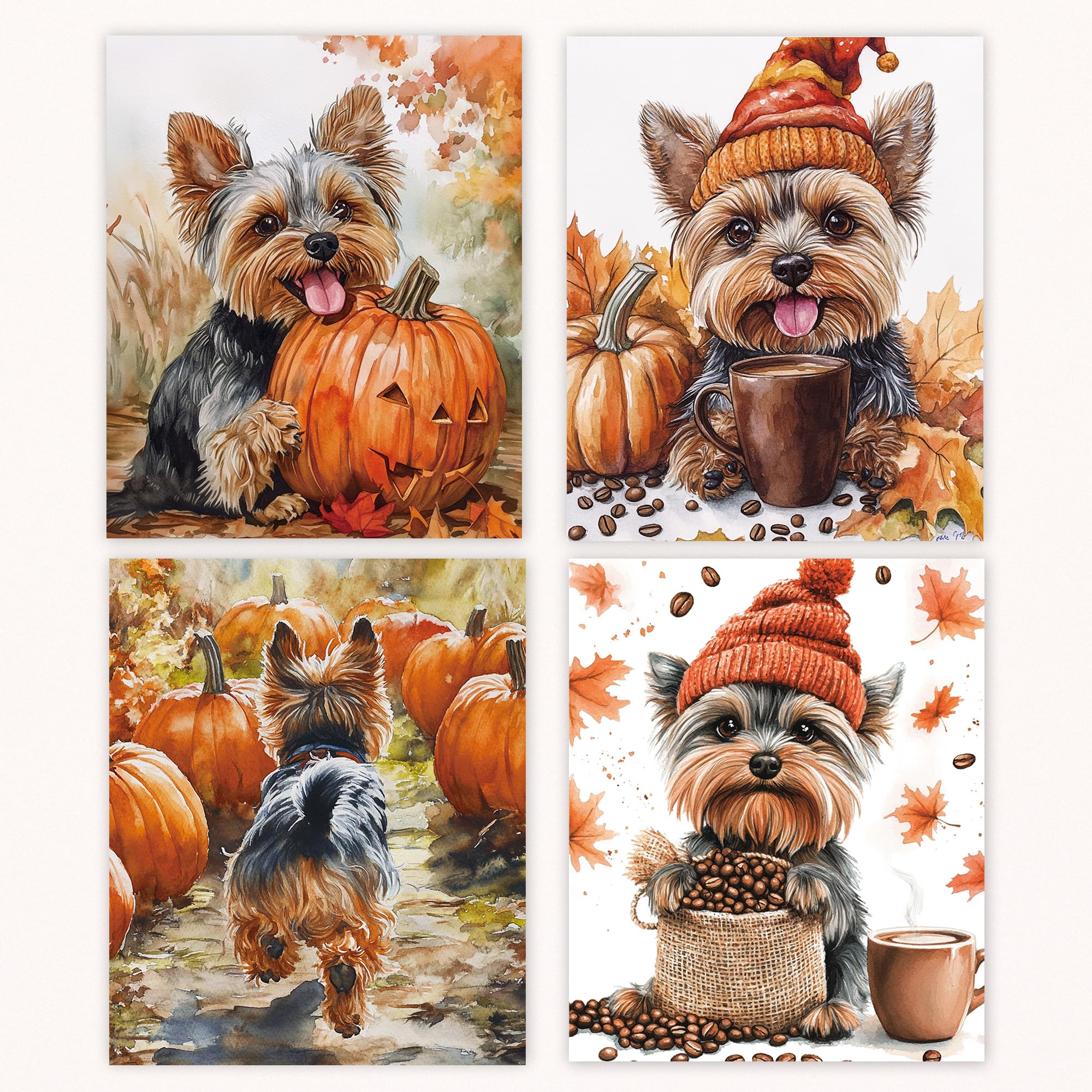 Fall Yorkshire Terrier Dog Canvas Wall Art Prints Set Of 4, Autumn Pumpkin Maple Leaf Coffee Yorkshire Terrier Posters Pictures 