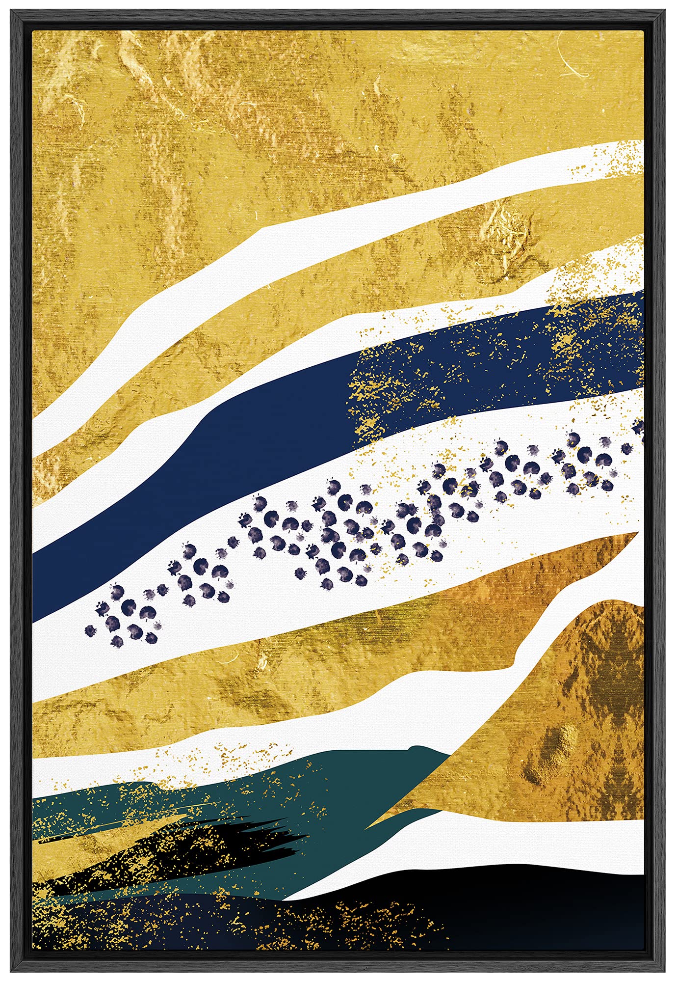 Signford Canvas Print Wall Art Gold Foil Blots With Black & Blue Strokes Abstract Shapes Illustrations Modern Art Alternative Co