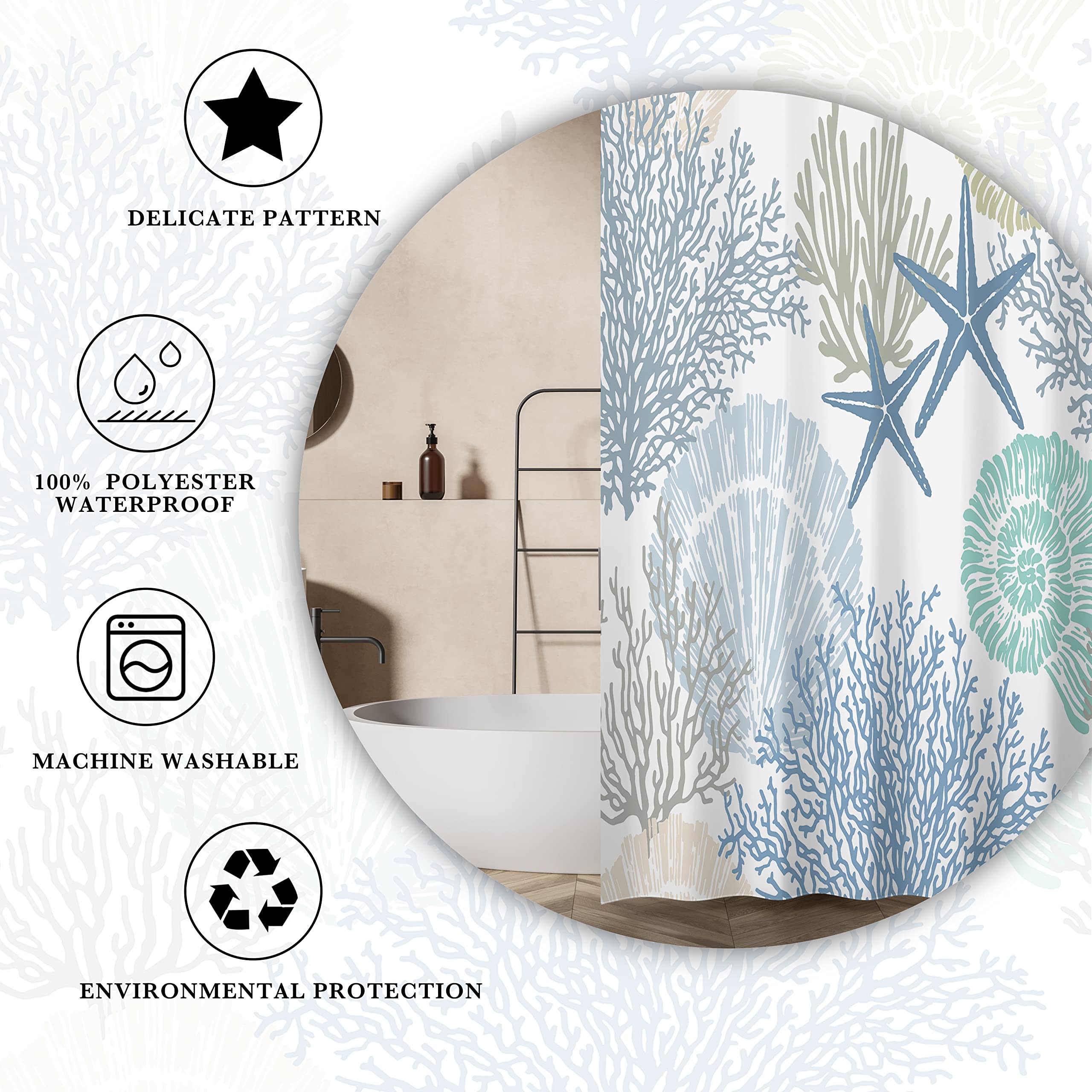 Tritard Nautical Coastal Waterproof Fabric Shower Curtains Decorative Starfish Seashell Coral Beach Bath Curtain Ocean Themed Underwater Marine Decor for Bathroom with 12 Hooks  72 x 72  Blue