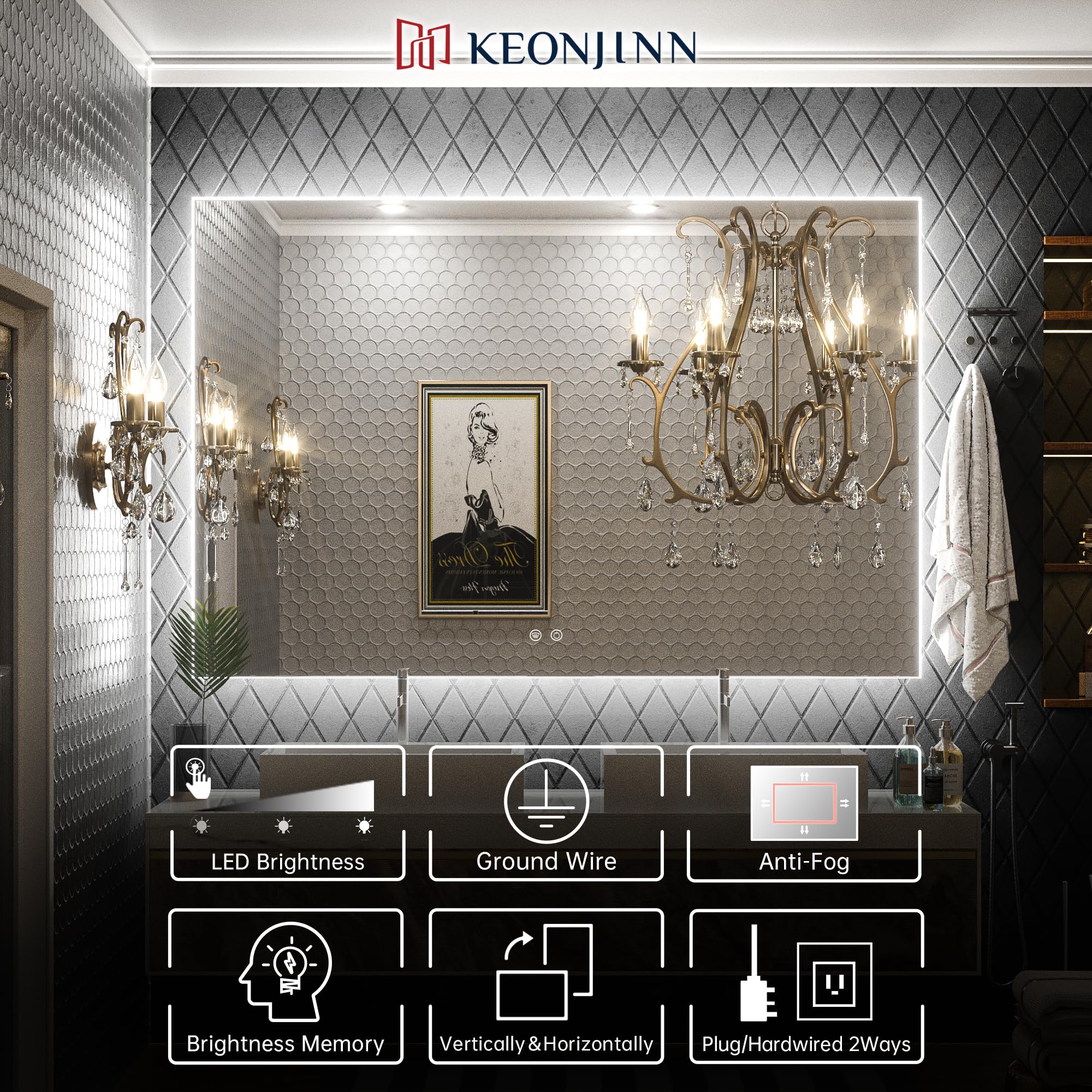 Keonjinn 60 X 40 Inch Led Vanity Mirror Backlit Mirror Bathroom Lighted Mirror Large Anti-Fog Wall Mounted Dimmable Makeup Mirro