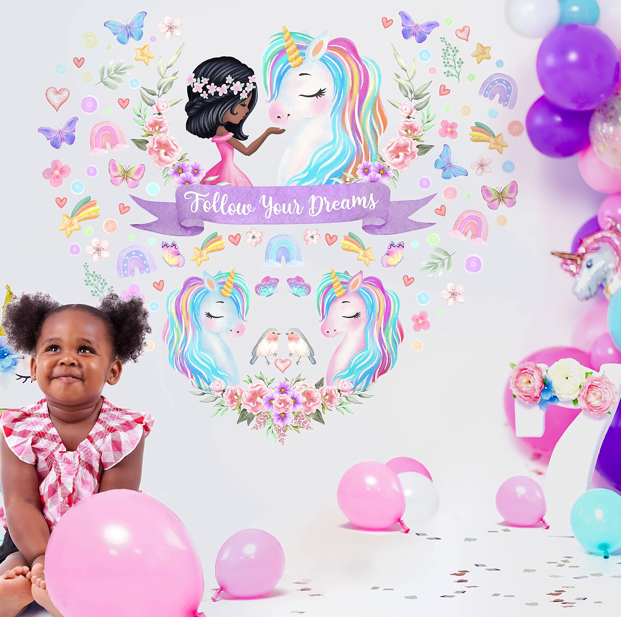 4 Sheet Large Unicorn Wall Decals for Girls Bedroom Unicorn Wall Decor Unicorn Wall Stickers Birthday Gifts Unicorn Bedroom Decor for Girls Rainbow Wall Decal Black Girls Kids Nursery Room Decor