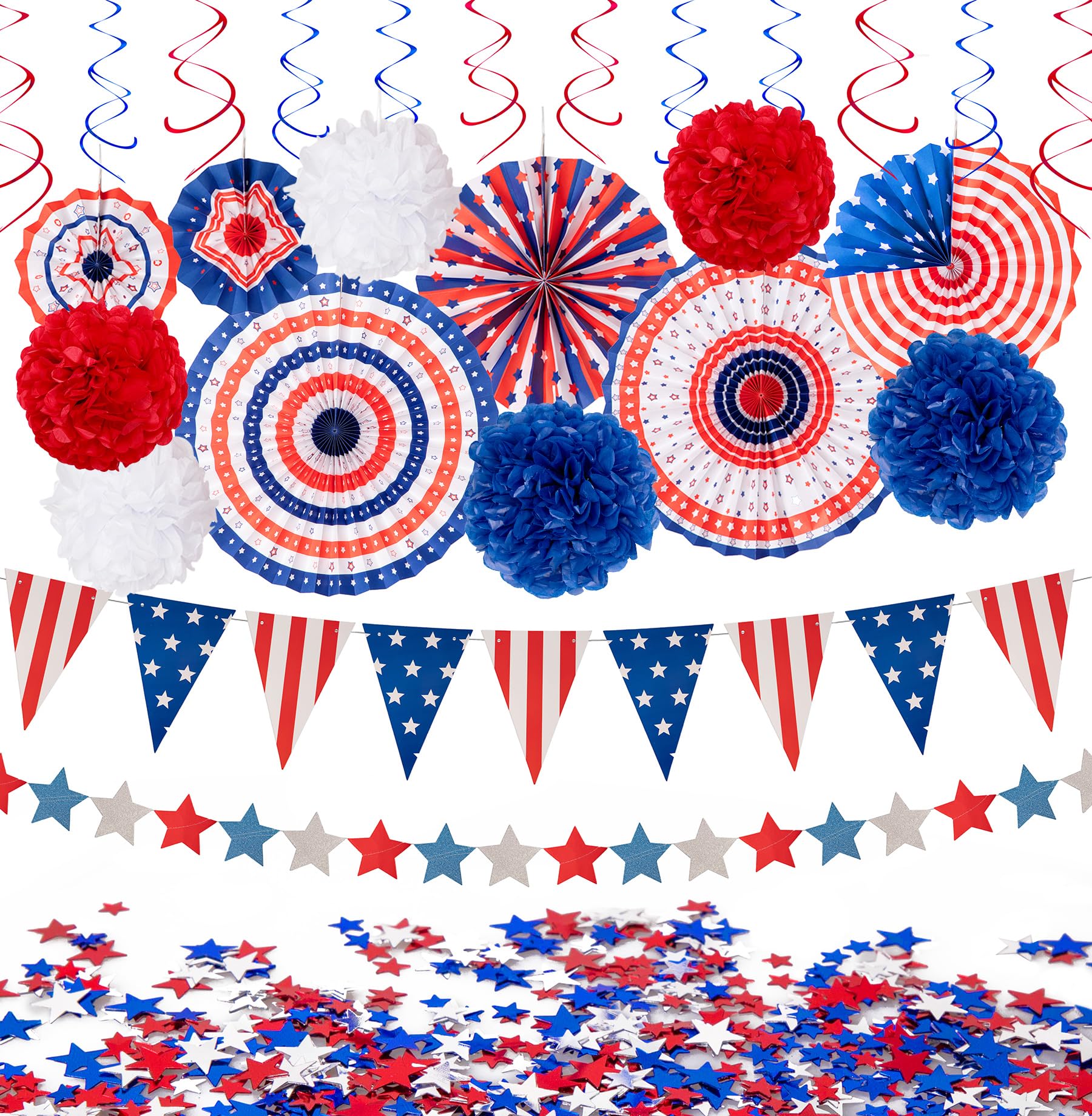 29PCS 4th/Fourth of July Patriotic Decorations Set - Red White Blue Paper Fans,USA Flag Pennant,Star Streamer,Pom Poms,Hanging S