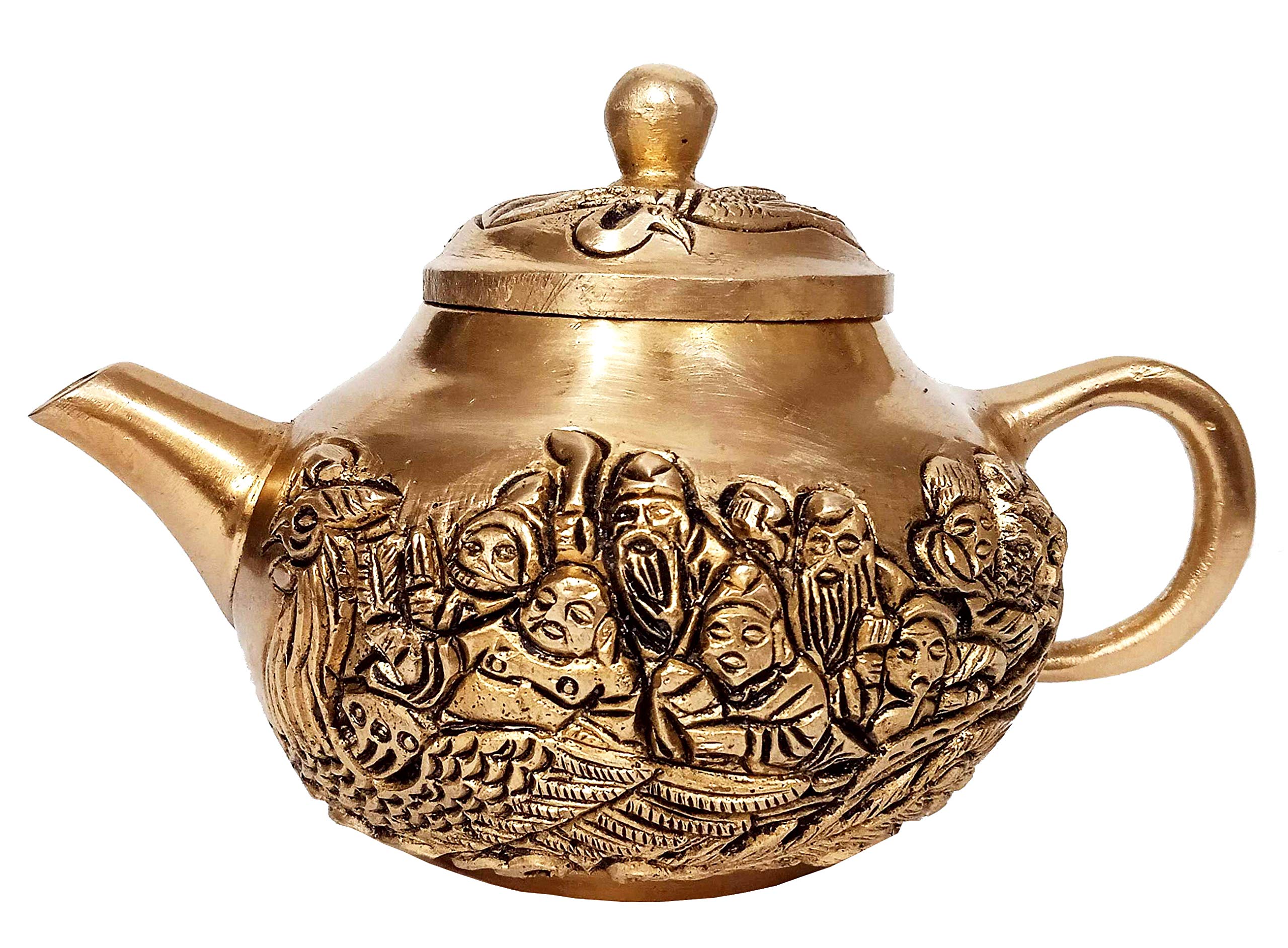 Purpledip Brass Decorative Kettle Teapot: Travelling Monks In Chinese Boat (12261)