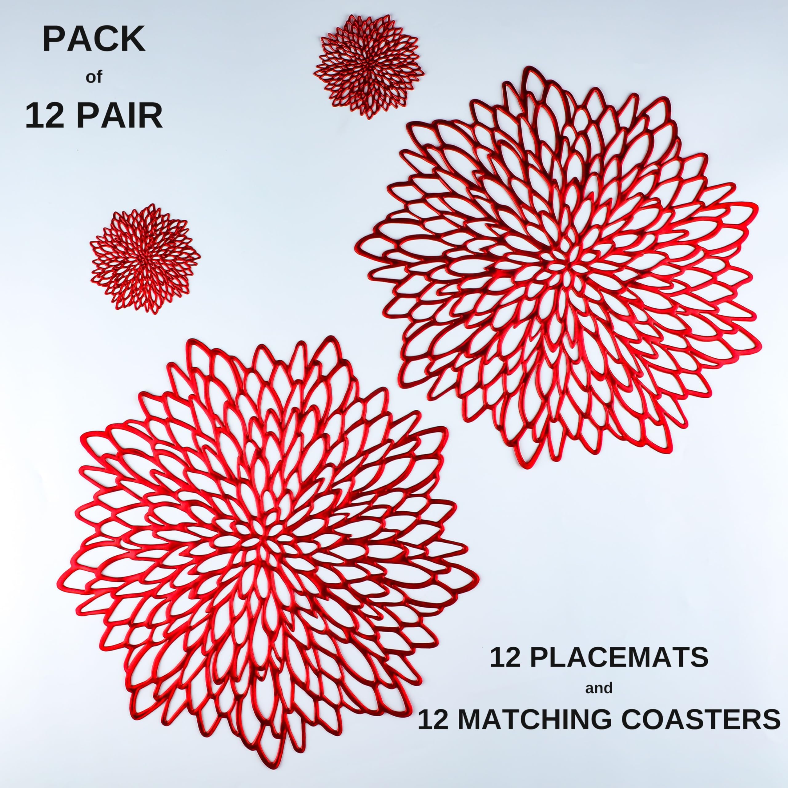 Snowkingdom 12 Pairs Red Placemats & Coasters 24 Pcs Metallic Shiny Pressed Vinyl Dinning Table Mats Round Leaf Decorative For C