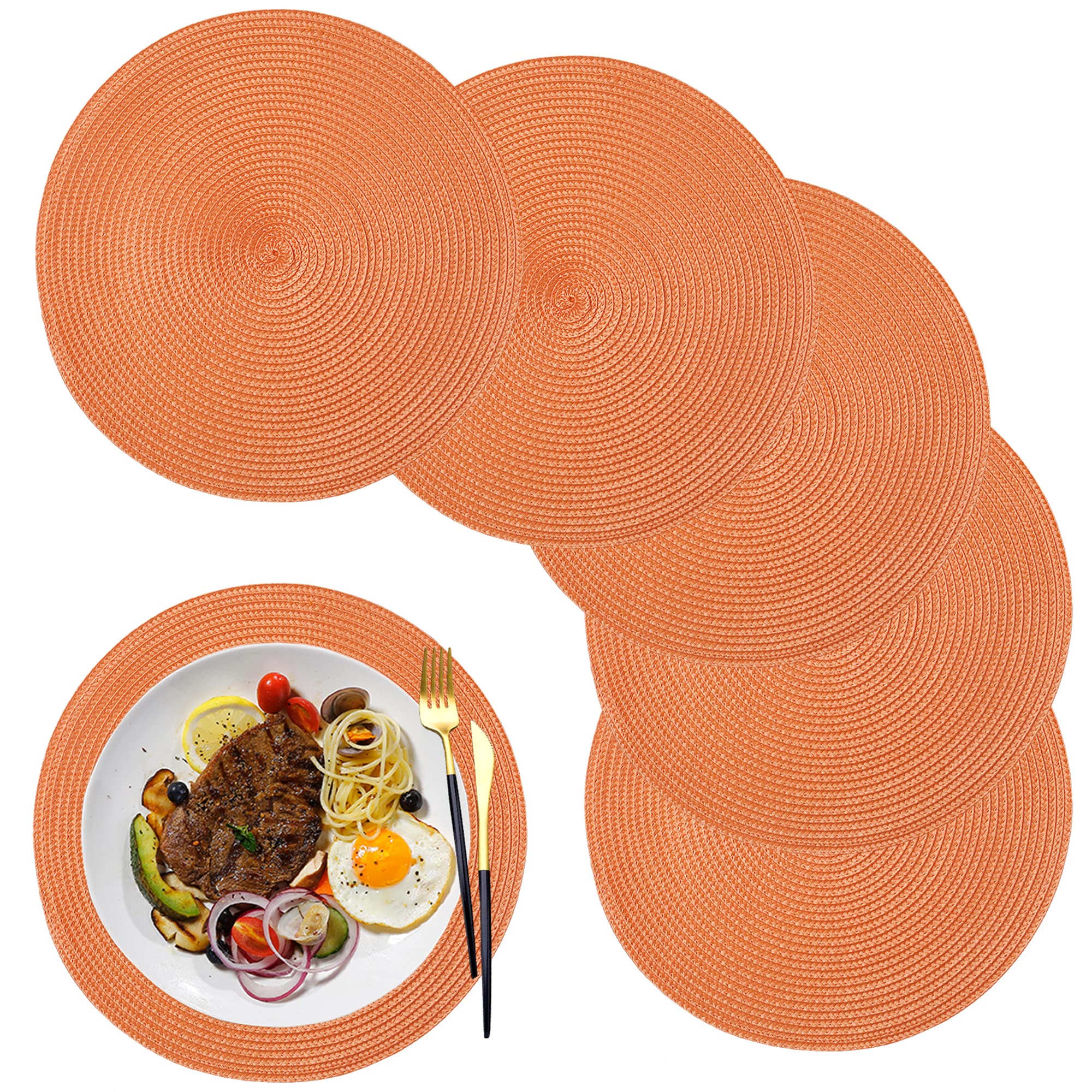 Wanyd Placemats,Round Placemats Set Of 6,12.6 Inch,Small Placemats Heat Resistant Washable Round Table Mats,Orange