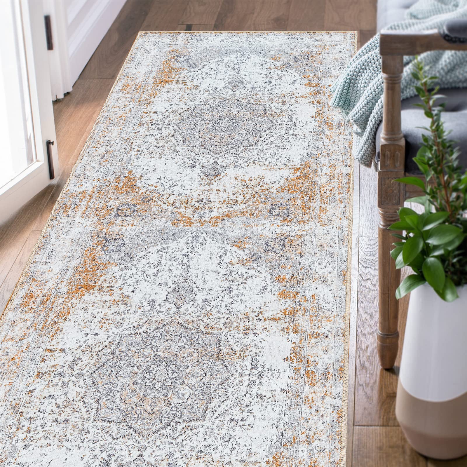 jinchan Runner Rug 2x7 Washable Hallway Rug Vintage Distressed Runner Indoor Thin Traditional Floral Mat Lightweight Non Slip Ca