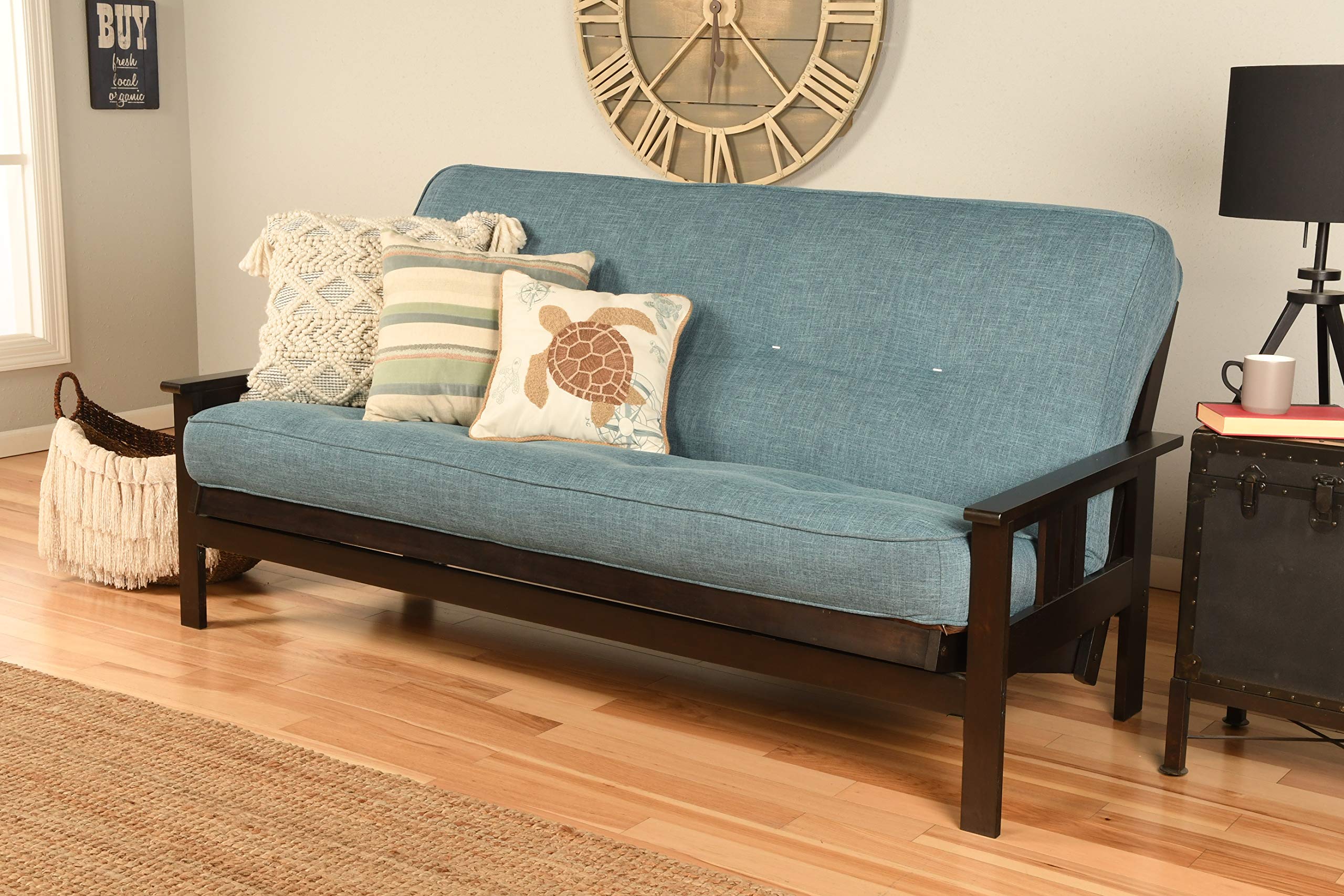 Kodiak Furniture Monterey Futon Set, No Drawers, with Espresso Base and Linen Aqua Mattress