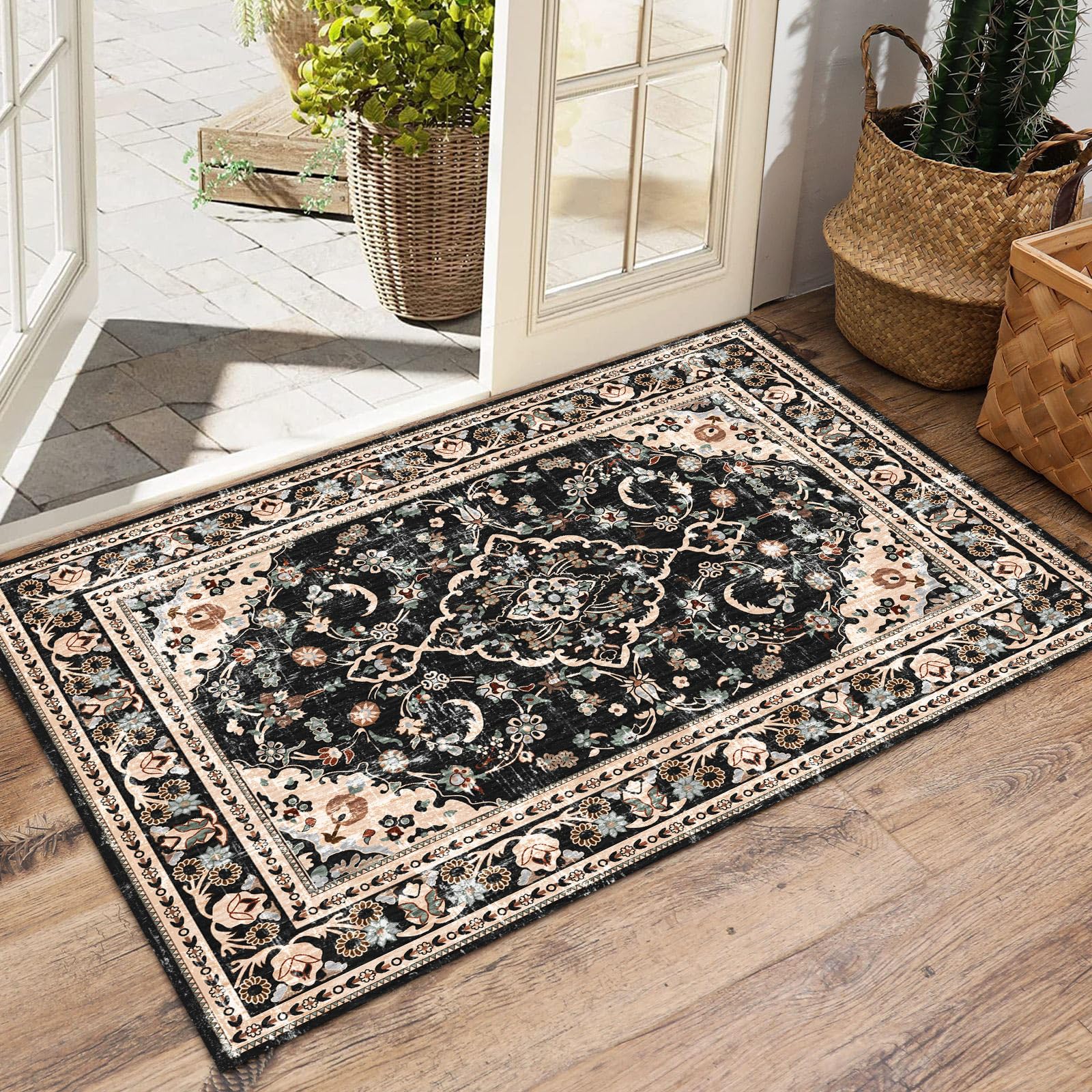 Vhong Boho Area Rugs Vintage Washable Modern Neutral Carpet Black and Brown 9  9 High Traffic Round Rugs for Dinning Room Living