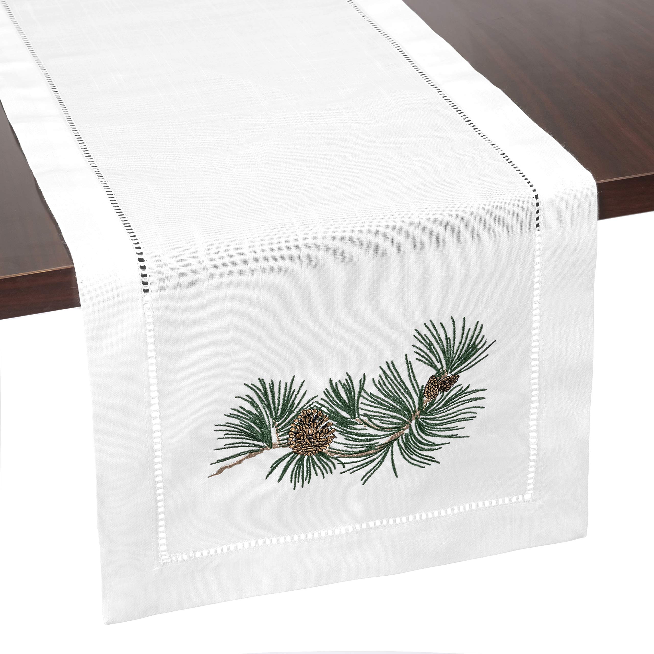 Brio Trends Pinecone Embroidered White Christmas Table Runner - Ideal For Woodland Christmas Decor, Rustic Farmhouse Kitchen Dec