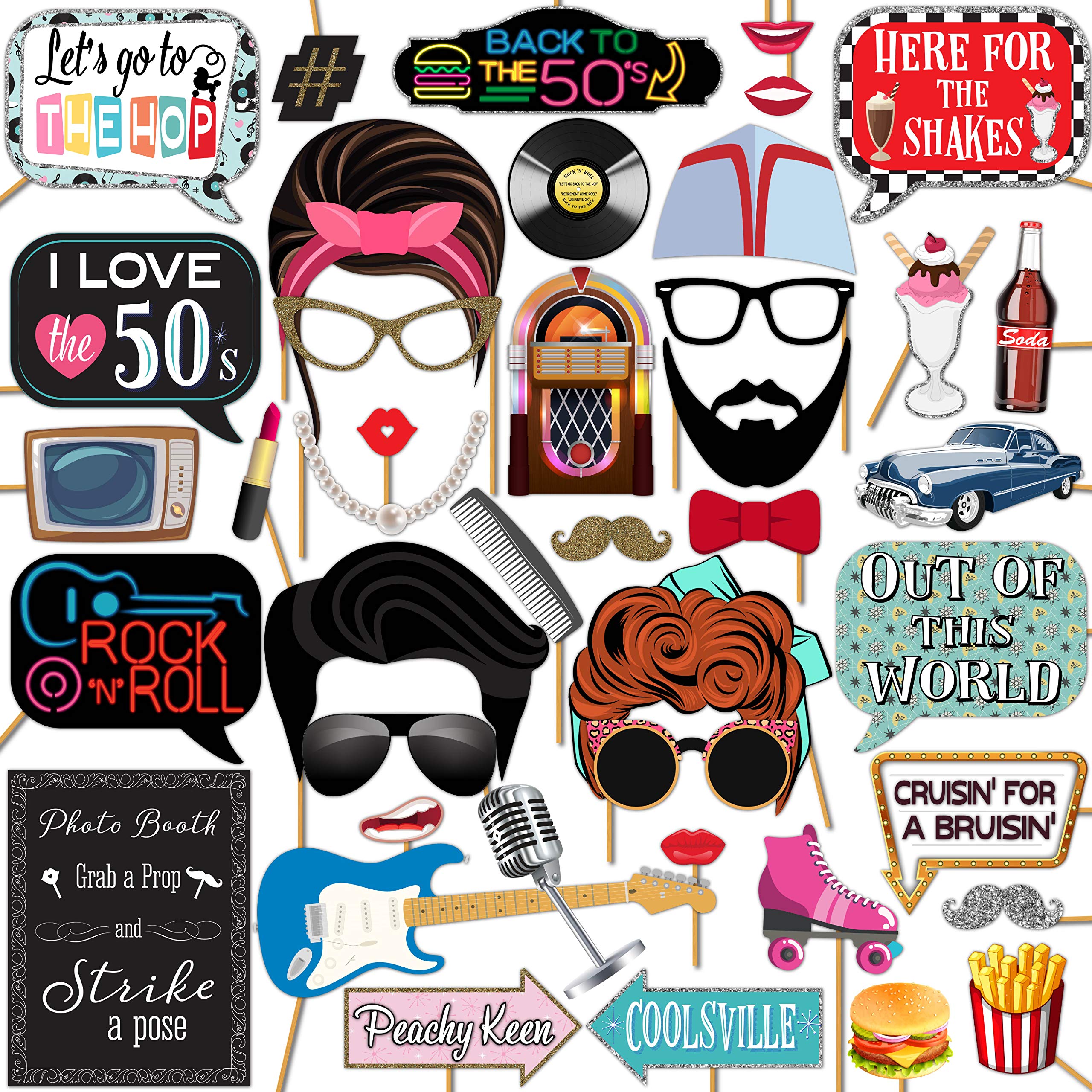 1950s Sock Hop 50s Rock and Roll Party Photo Booth Props 41 Pieces with Wooden Sticks and Strike a Pose Sign by Outside The Boo