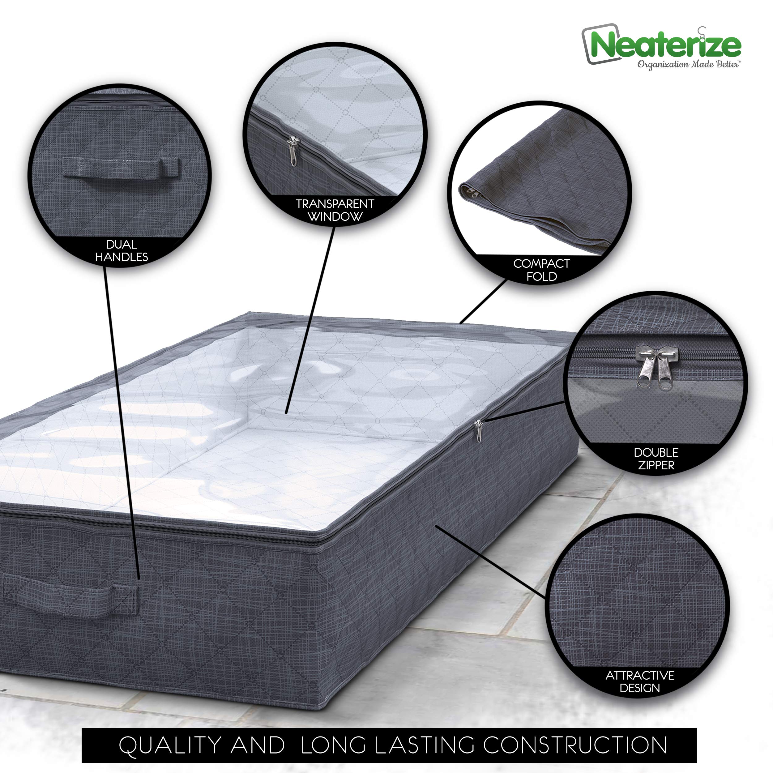 NEATERIZE Large Under Bed Storage Bags | 2-Pack Underbed Clothing Organizer | Ultra Thick Fabric, Reinforced Handles & Zipper |