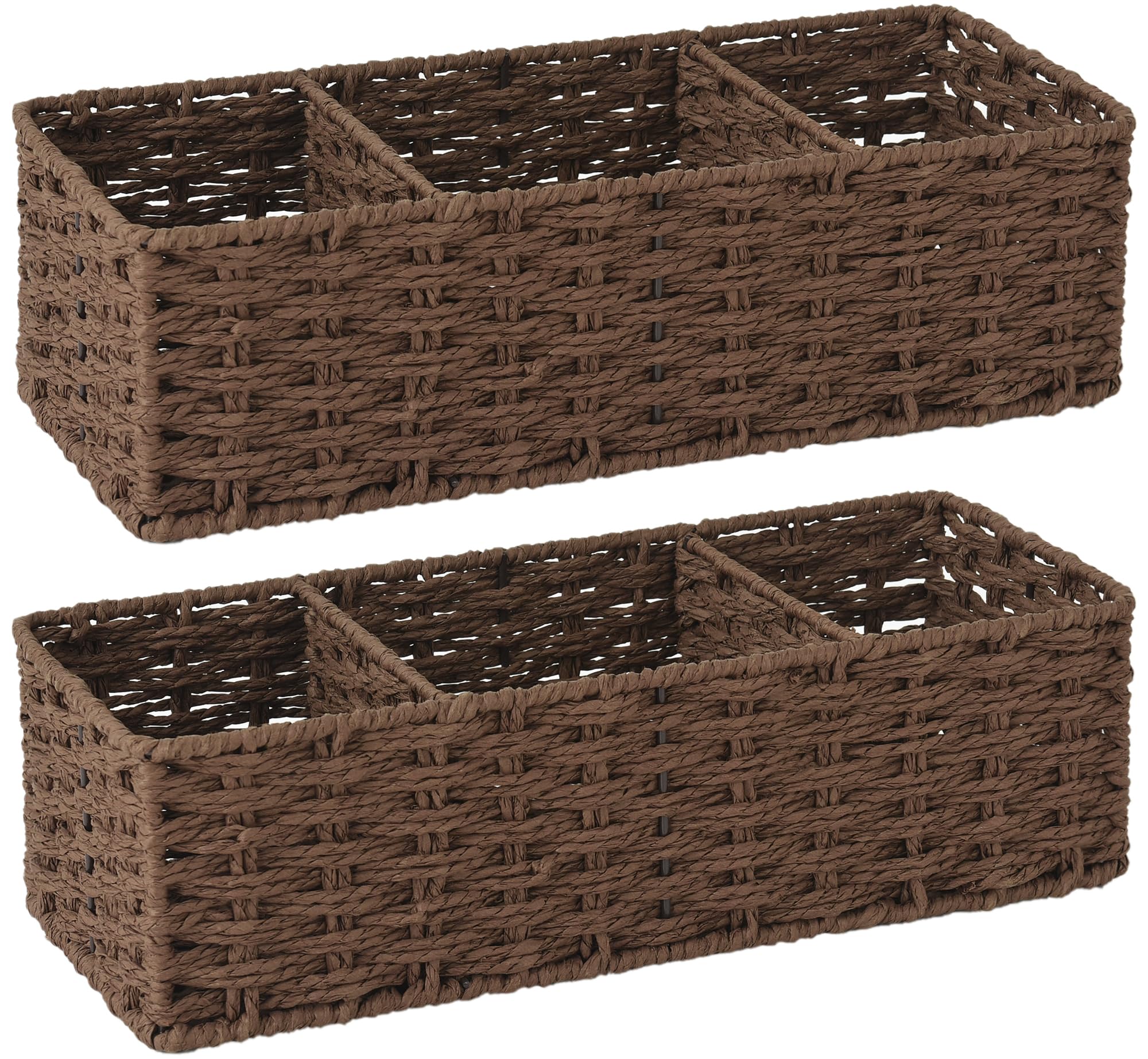 Storageworks 3-Section Wicker Baskets For Shelves, Hand-Woven Round Paper Rope Storage Baskets, Walnut, 2-Pack