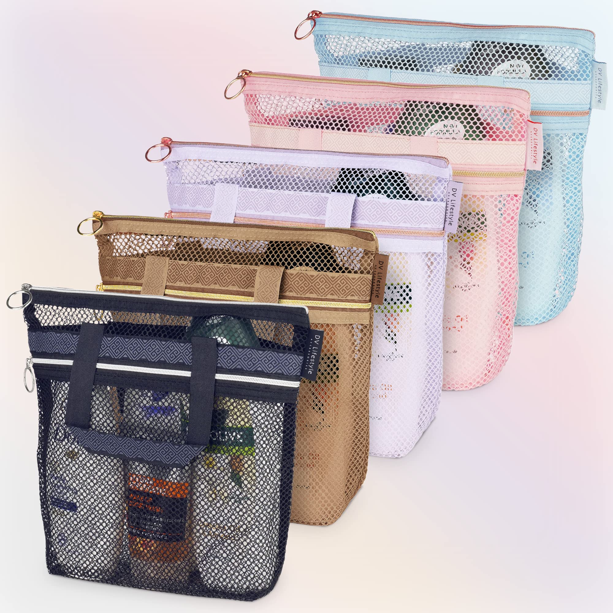 Mesh Shower Caddy 10.2x9.9'' Quick Dry Shower Bag with Zipper & 2 Pockets. Portable Shower Tote  Ideal for Gym  Travel  Camp  Beach  for Sunscreen  or as part of College Essentials (Pink)