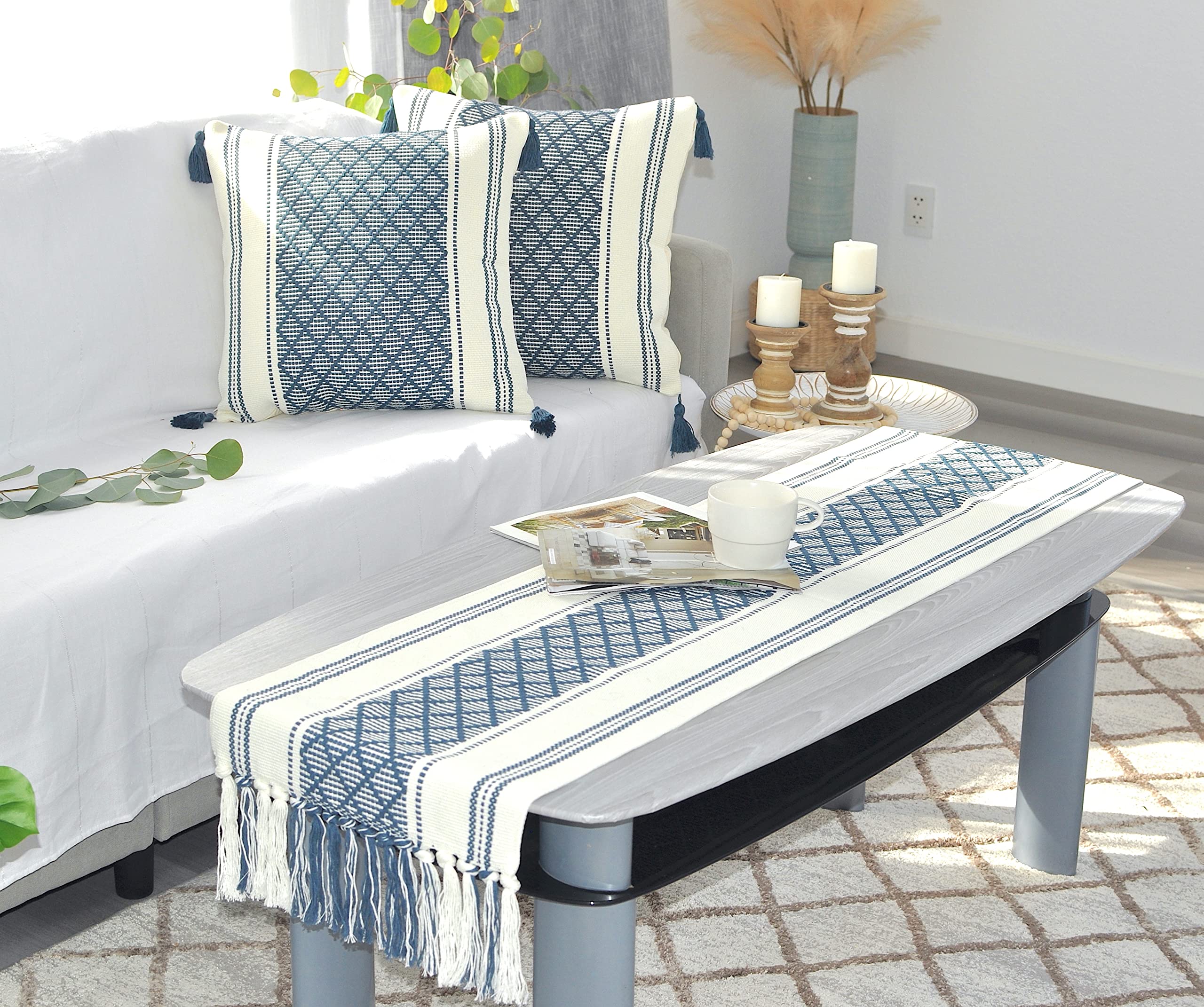 Boho Small Coffee Or Dining Table Runner With Tassels 14 X 48 Inches, Blue & Cream | Woven Washable Dresser Scarf For Bedroom |
