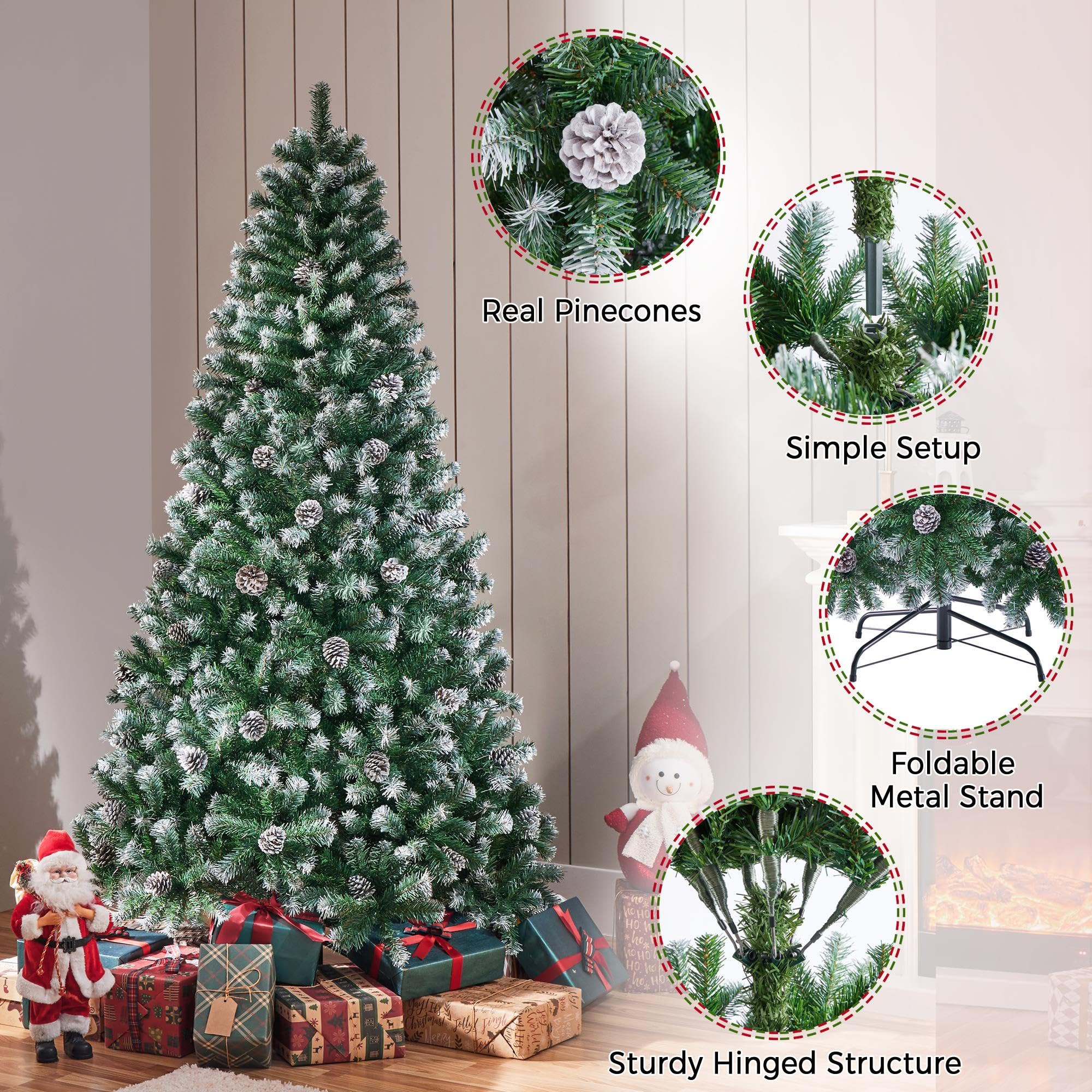 Yaheetech 6ft Artificial Christmas Tree, Snow Flocked Christmas Tree w/64 Pinecones, 920 Frosted Tips, Pre-Decorated Tree for Ho