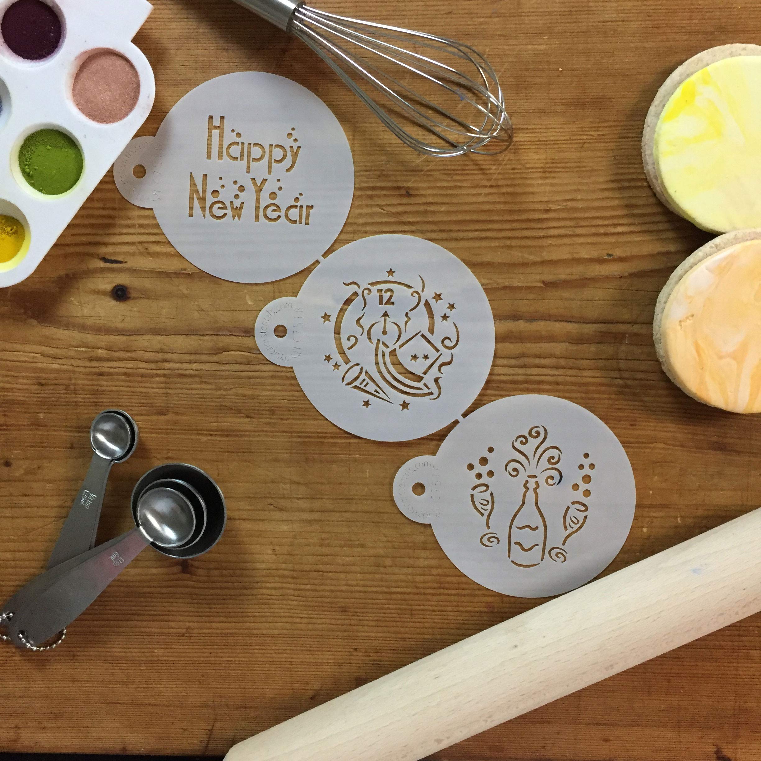 Designer Stencils Happy New Year Cookie Stencils, Beige/Semi-Transparent