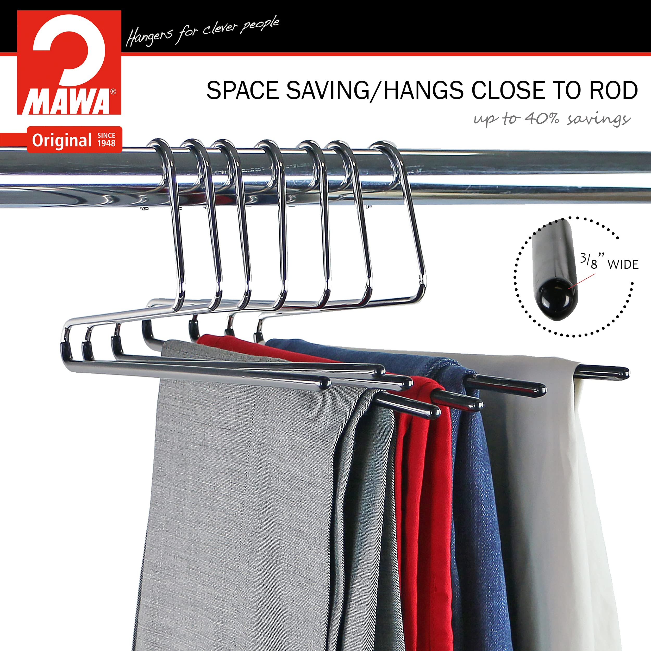 Mawa By Reston Lloyd Reverse Hook Trouser Series Non-Slip Space-Saving Clothes Hanger With Single Rod For Pants, Style Kh35U, Se