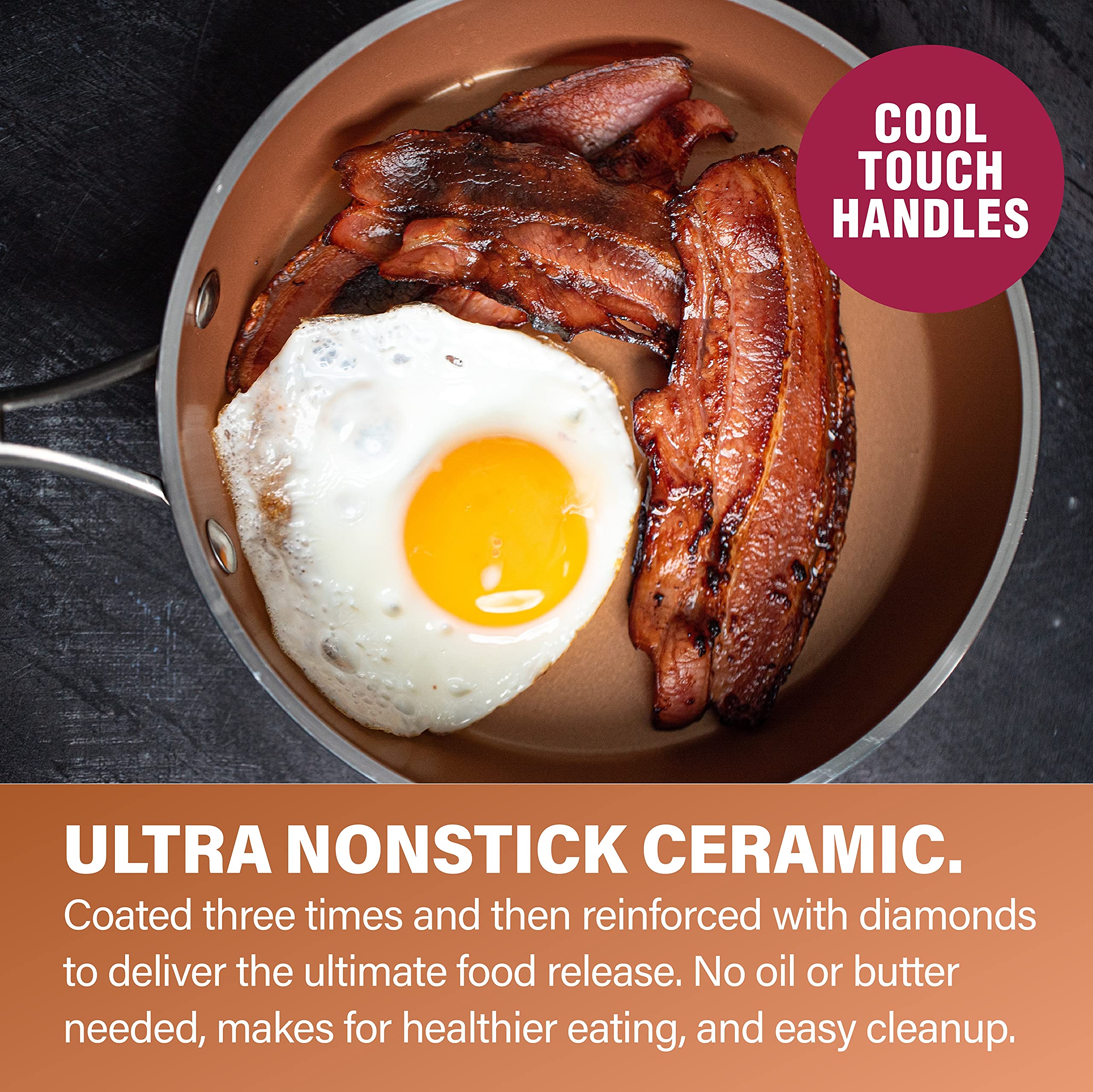 Gotham Steel Hammered Copper 12 Inch Nonstick Skillet, Aluminum, Induction Compatible, Easy Release, Even Heat Distribution