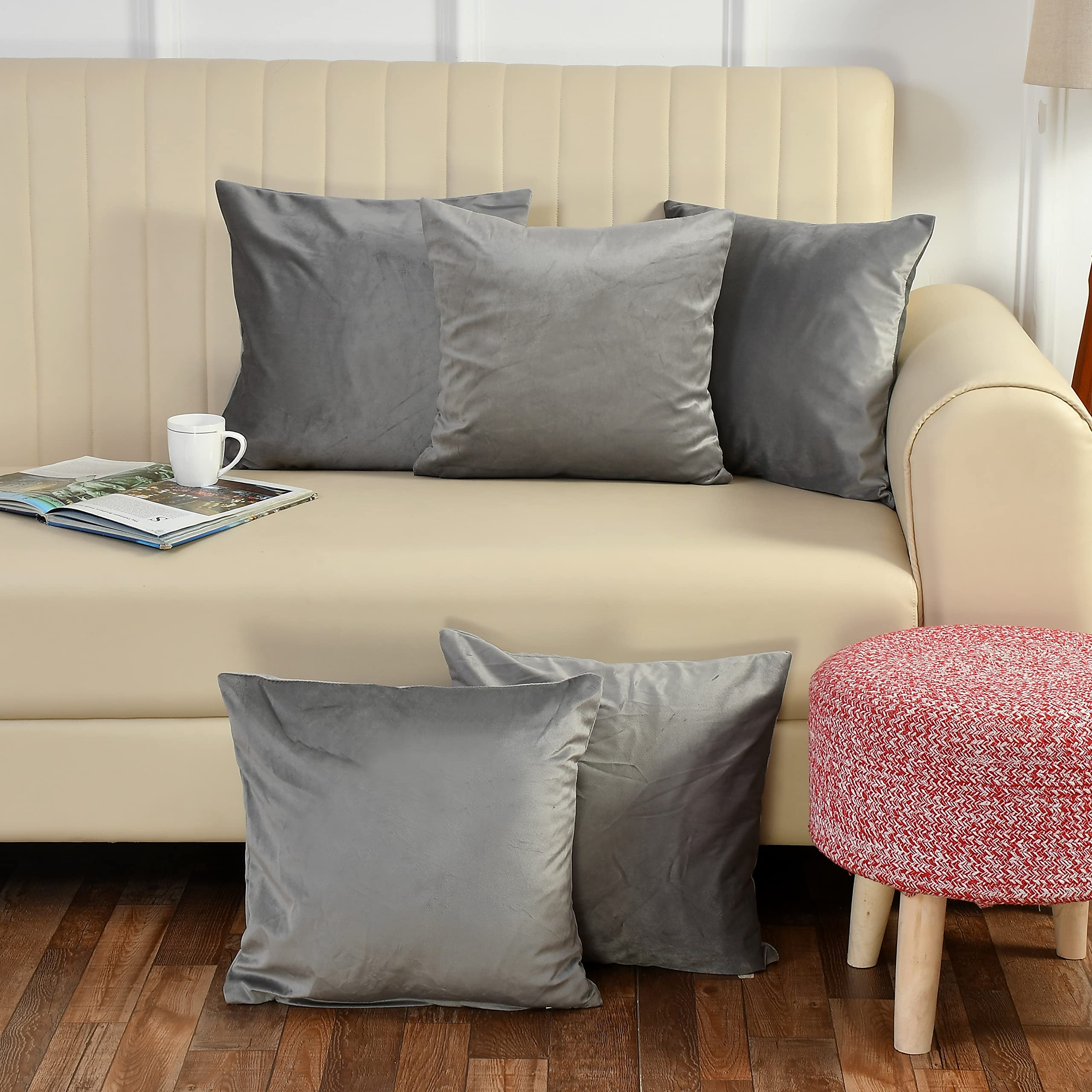 Stuffique Velvet Throw Pillow Cover 190 Tc Solid Plain Cushion Covers Set Of 5 For Sofa Couch Bed Chair 12 X 12 Inch, Grey
