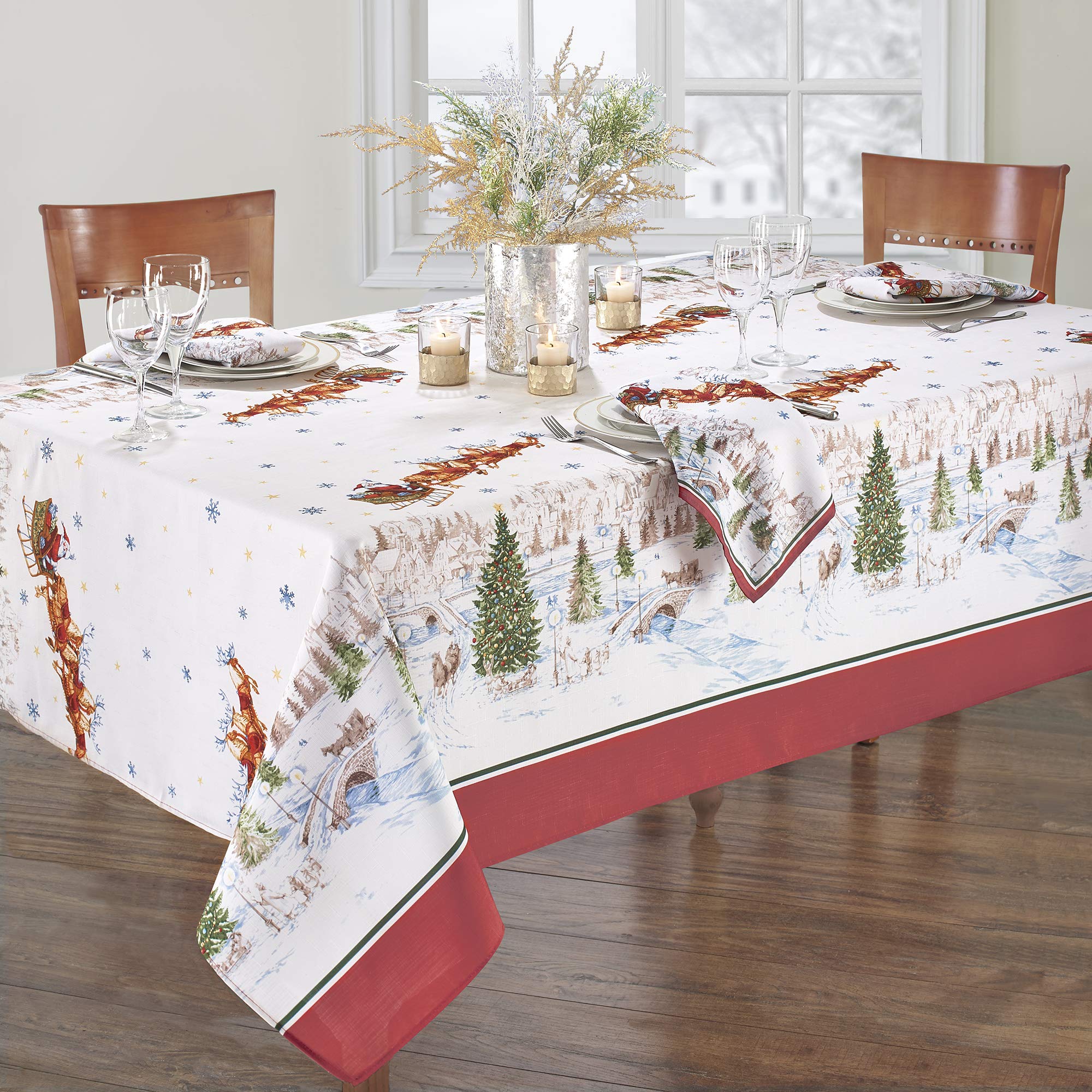 Elrene Home Fashions Holiday Tablecloth, 60" x 84", Multi Color, Wrinkle Resistant Fabric, Santa Snowy Sleighride Design