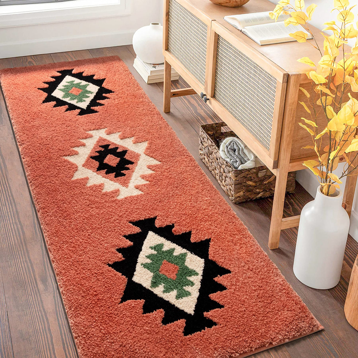 Dexde Boho Bathroom Rugs Coral Red Bath Mat Non-Slip Long Bathroom Rug Runner Luxury Soft Absorbent Carpet For Bathroom Shower K