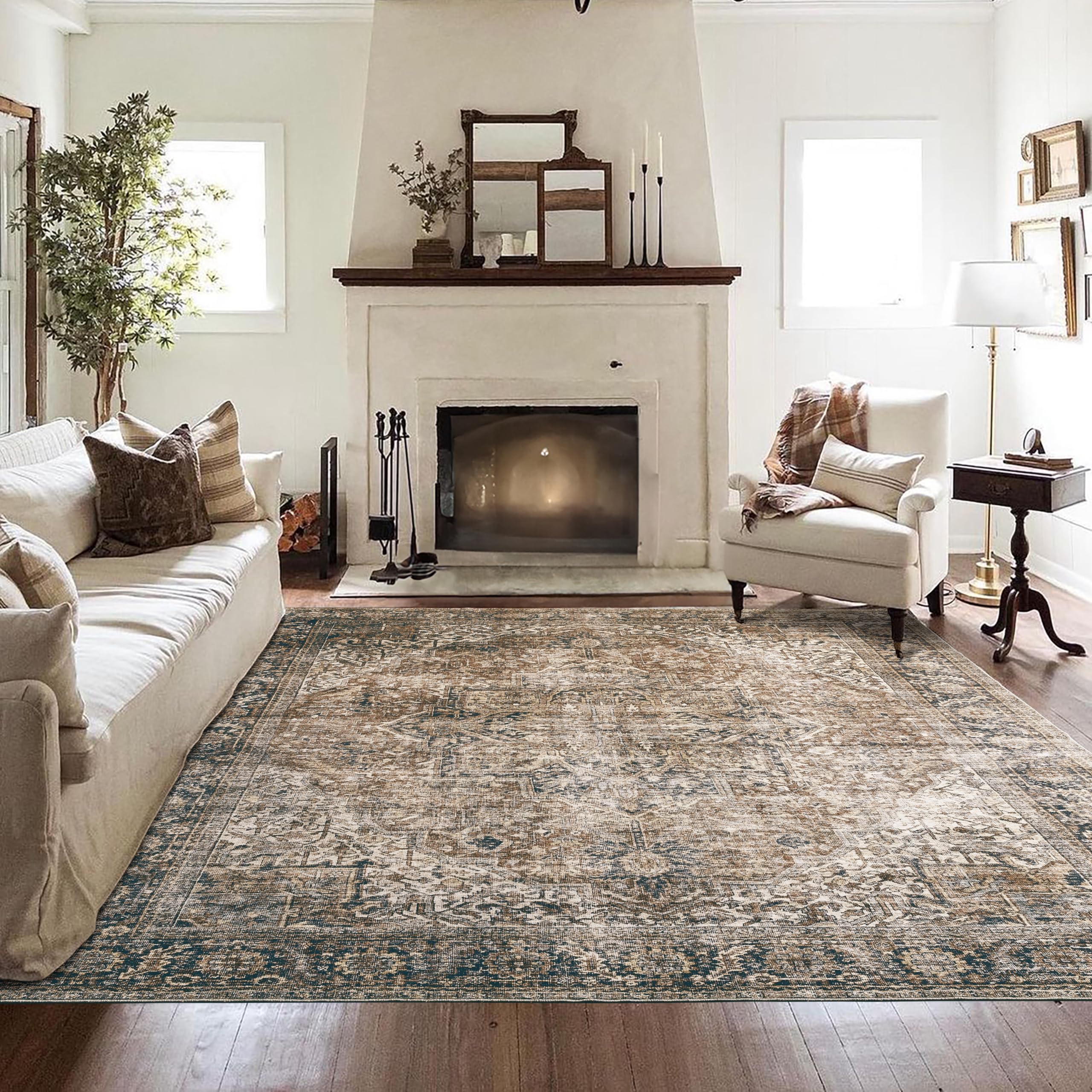 BILEEHOME Modern Rugs for Living Room 5x7 Washable Low Pile Vintage Floral Moody Area Rug for Bedroom,Dark Brown