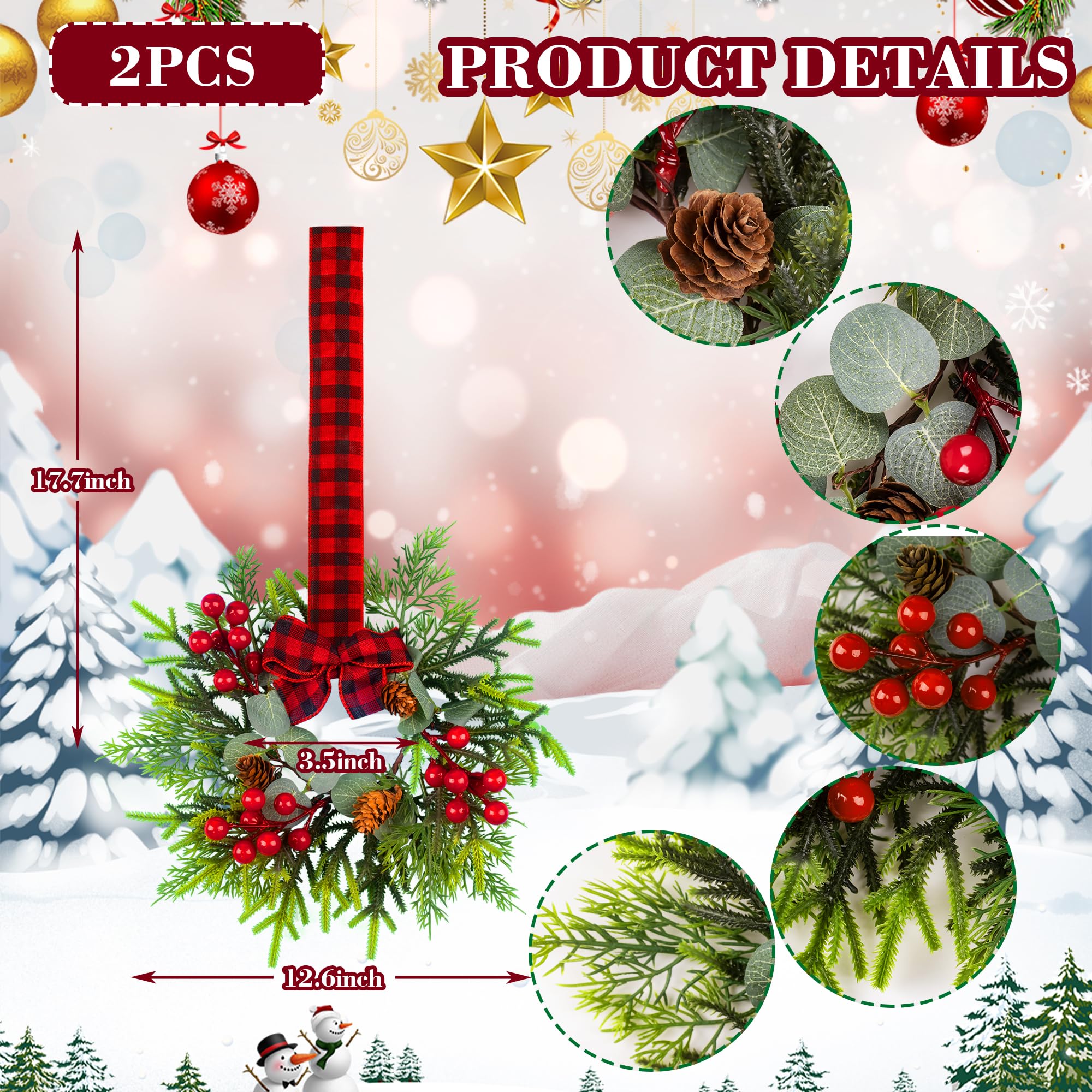 4Pcs Mini Christmas Wreath, 12 Inch Small Wreaths for Kitchen Cabinets, with Deep Red Bow Vintage Bells Pine and Cypress Leaves