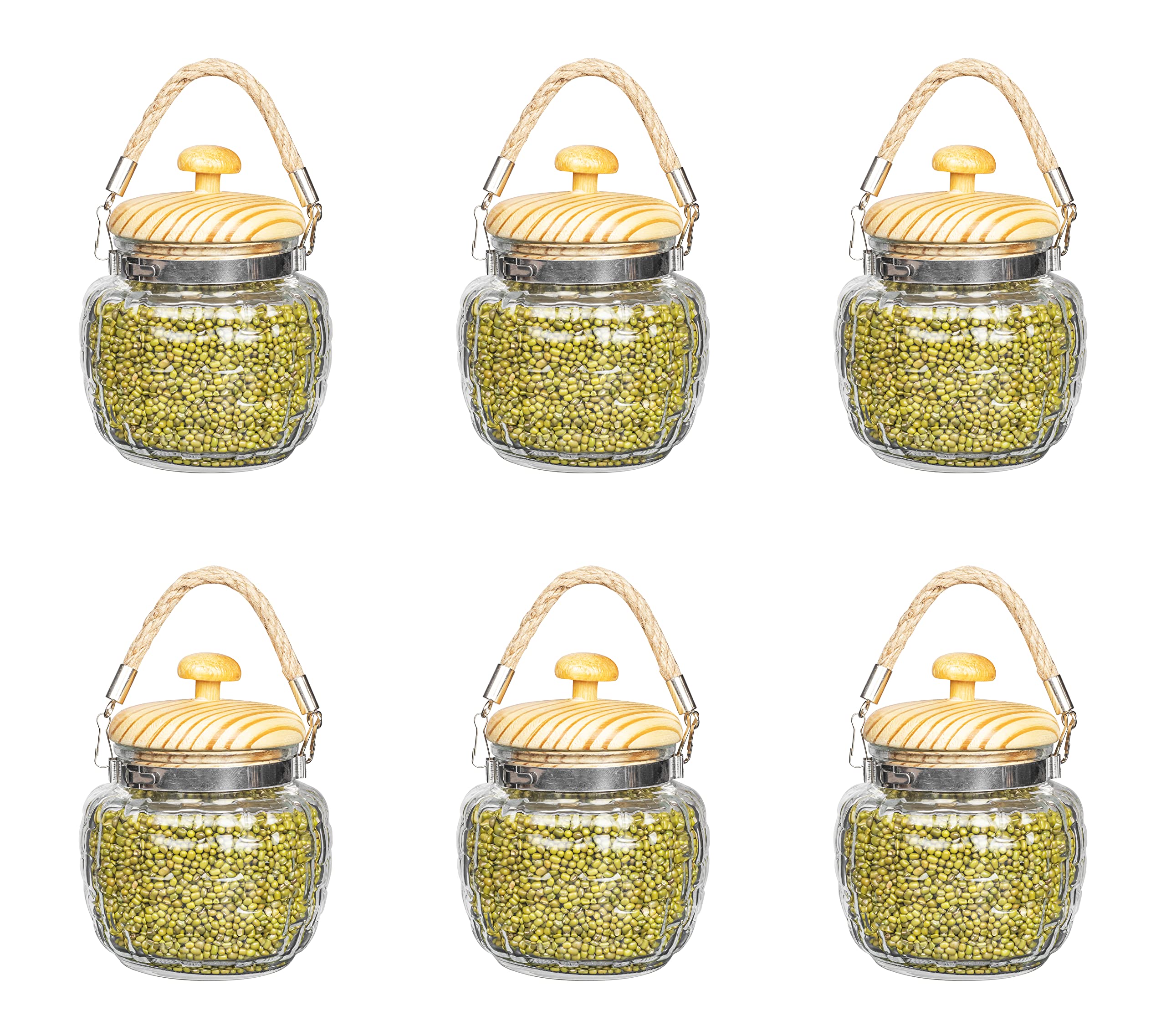 Femora Kitchen Storage Jars Embossed Glass Jar With Wooden Lid & Jute Chain Air Tight Jar, 500 ML, Pack of 6