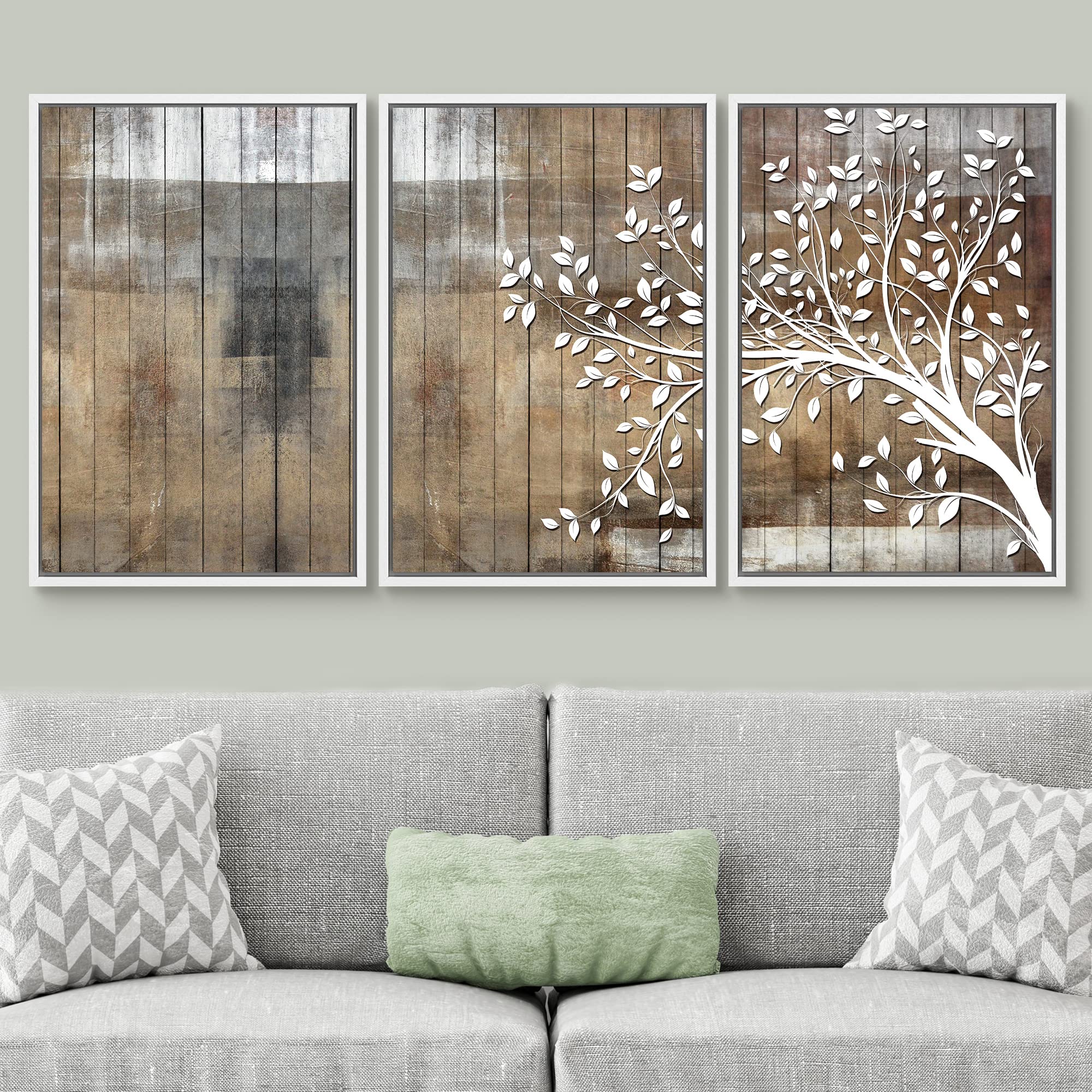 Signwin Framed Canvas Print Wall Art Set White Tree Silhouette & Color Blocks Nature Wilderness Wood Panels Modern Art Rustic Sc