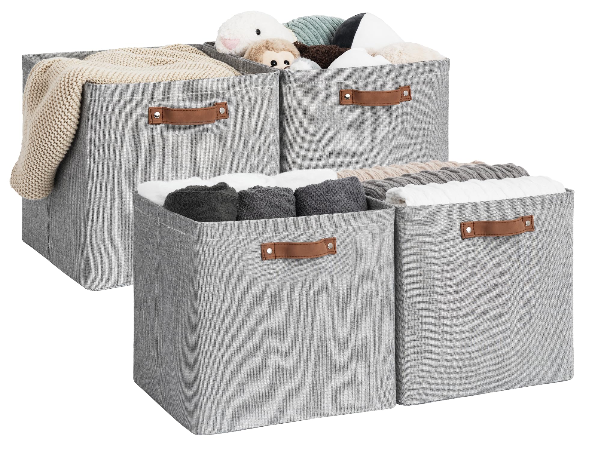 Storageworks 13X13 Storage Cubes, Collapsible Storage Bins Organizer For Closet, Fabric Storage Box With Pu Handles, Gray, 4-Pac