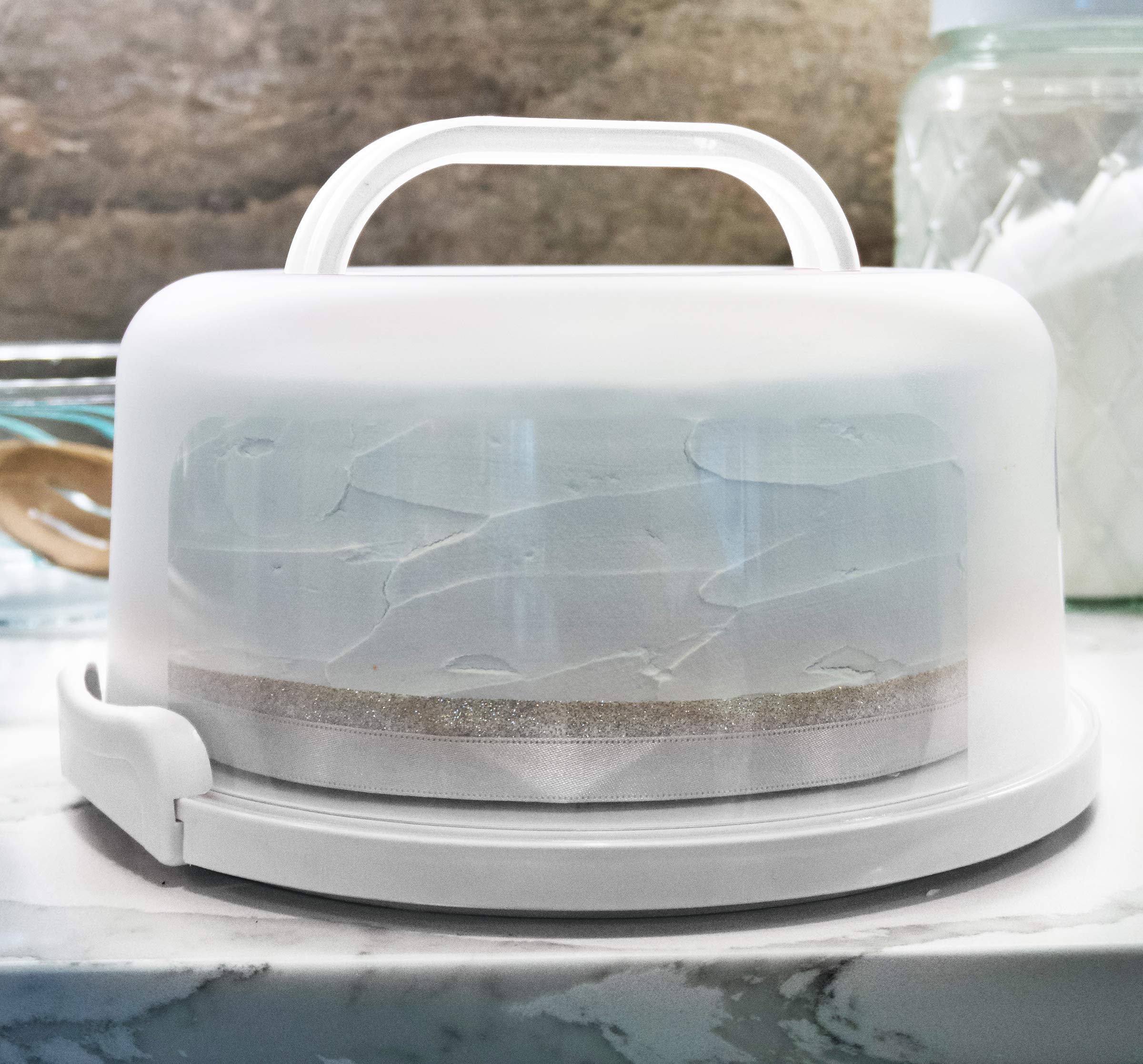 Top Shelf Elements Round Cake Carrier Two Sided Holder Serves As Five Section Serving Tray, Portable Stand Fits 10 Inch Cake, Bo