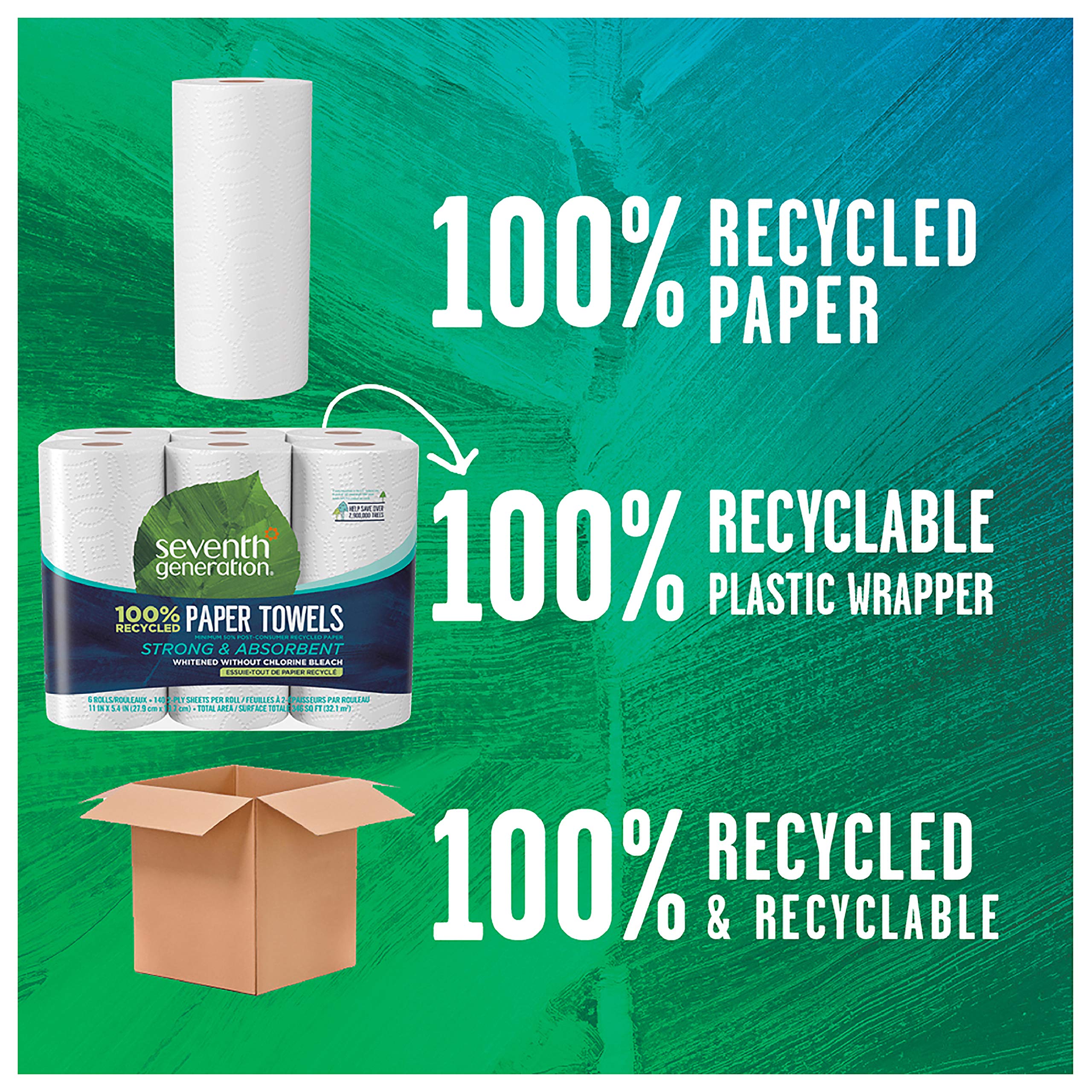 Seventh Generation Paper Towels, 100% Recycled Paper, 2-Ply, 6 Rolls (Packaging May Vary)