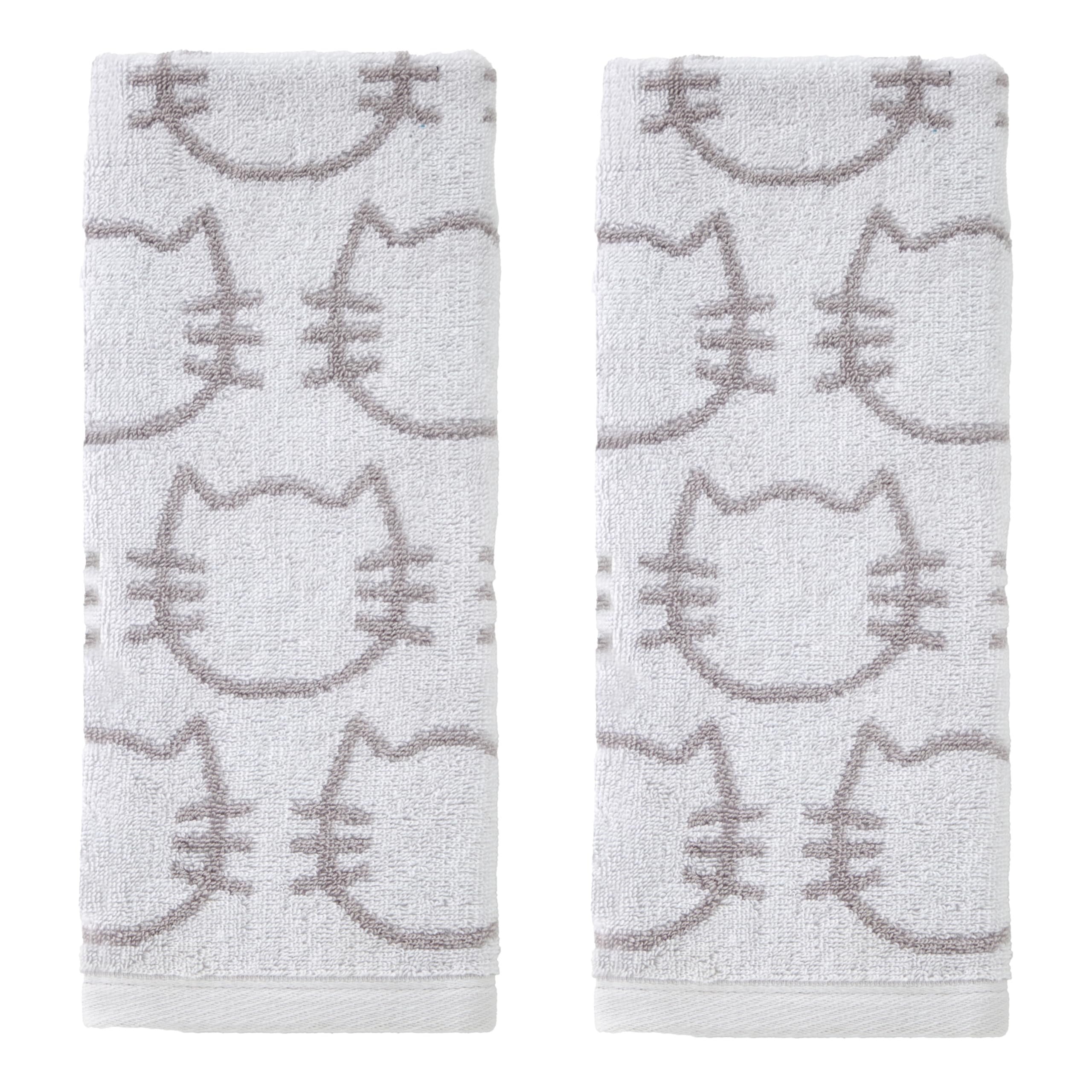 SKL Home Cat Hand Towel 2pc Set for Bath/Kitchen/Bar & Gift, White/Gray