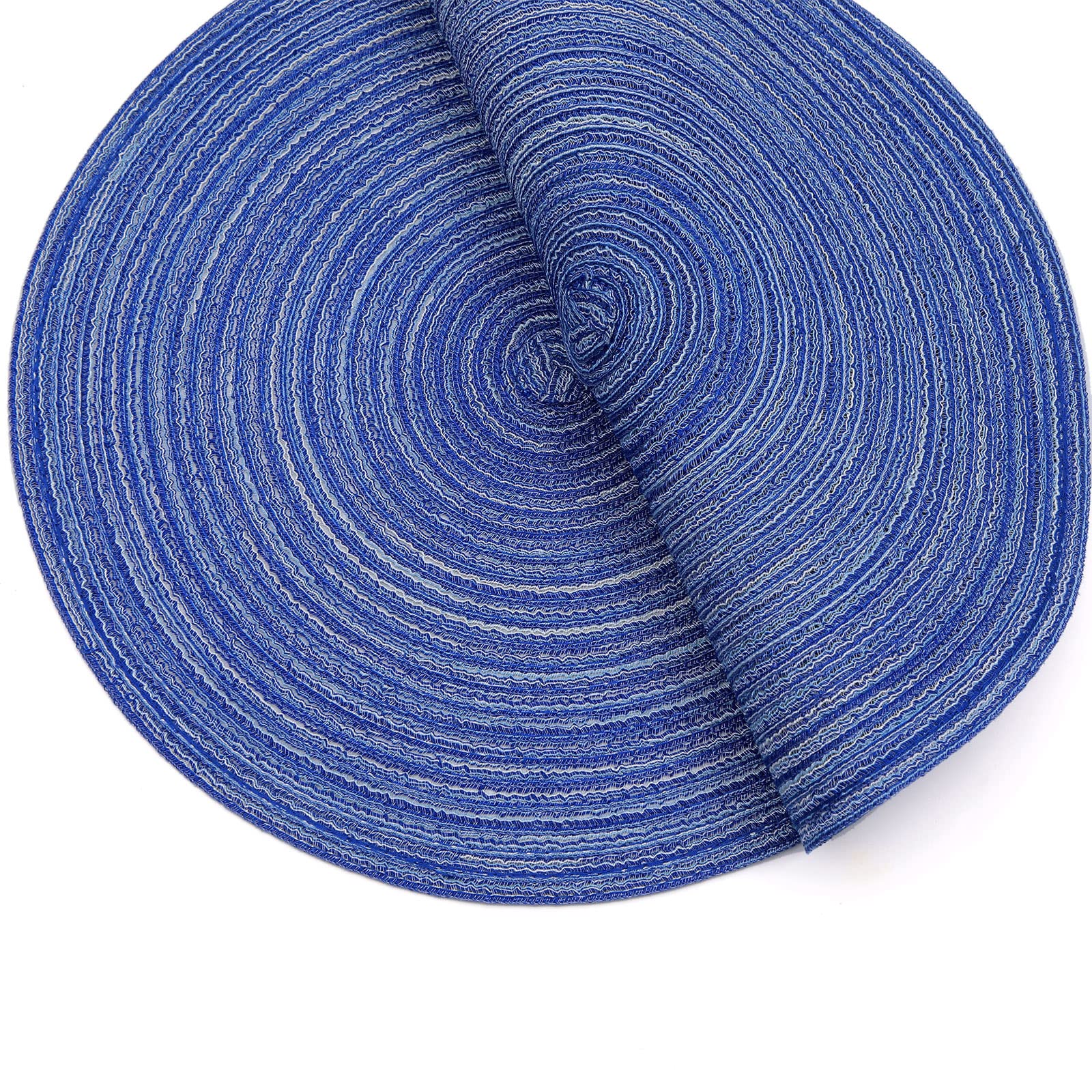 SHACOS Round Braided Placemats 15 inch Set of 6 Washable Kitchen Table Placemats for Home Wedding Party (Blue White, 6)