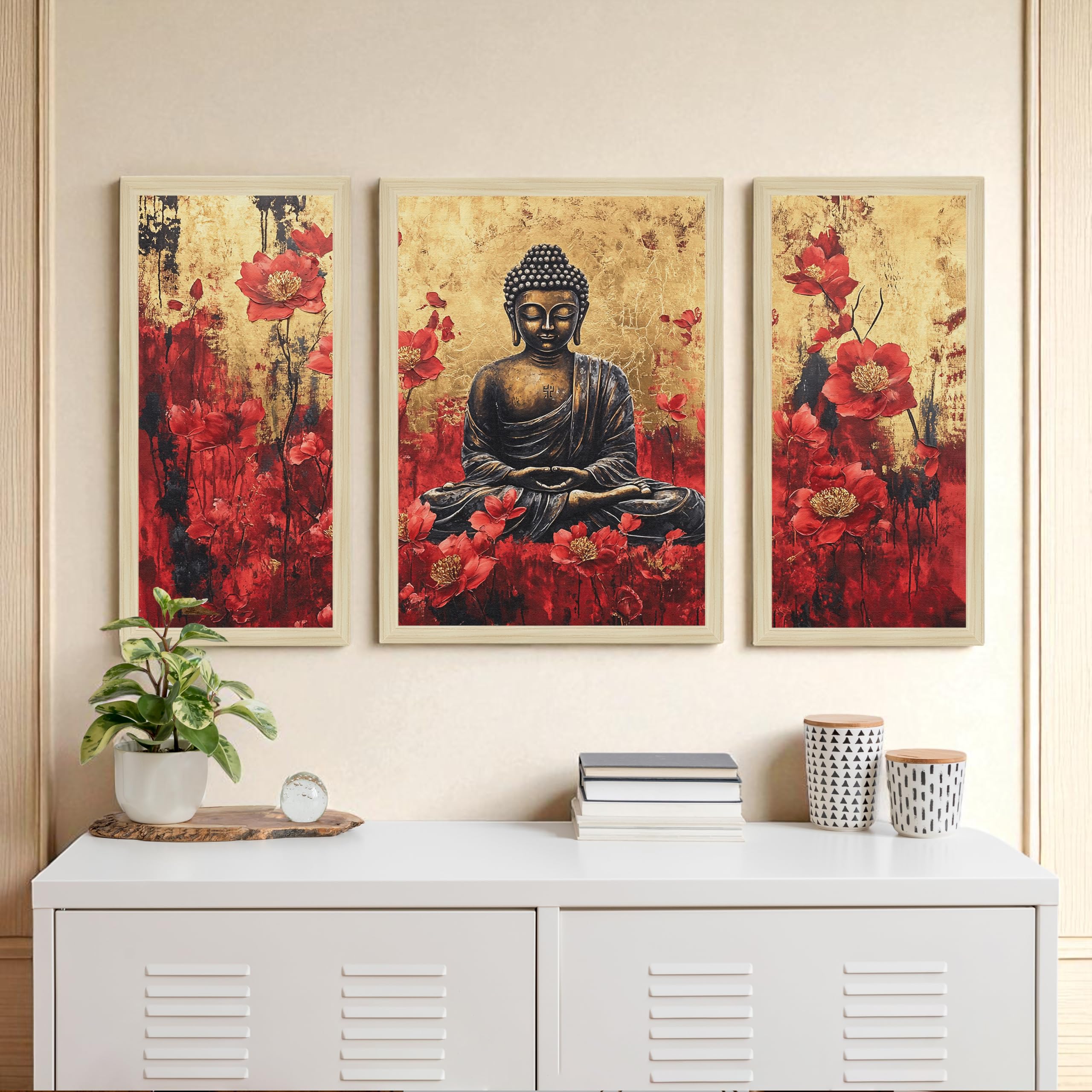 Paintingmantra Buddha Floral Abstract Framed Wall Art Painting Home Dcor Pack Of 3 | Digital Scenery Painting With Frame | Suits
