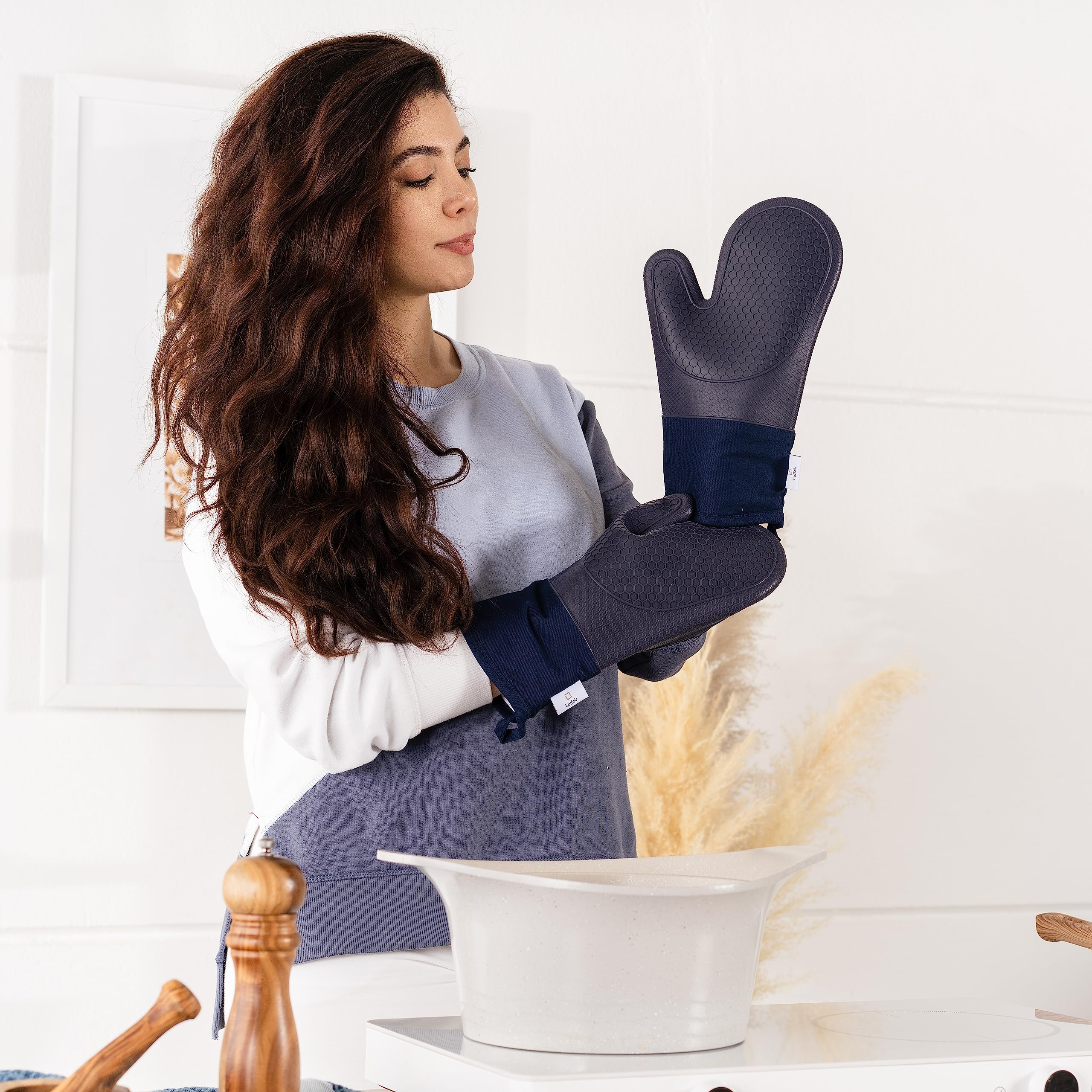 Silicone Oven Gloves Heat Resistant By Laffair - Blue Oven Gloves Silicone Oven Mitts Heat Resistant - Premium Non-Slip Design K
