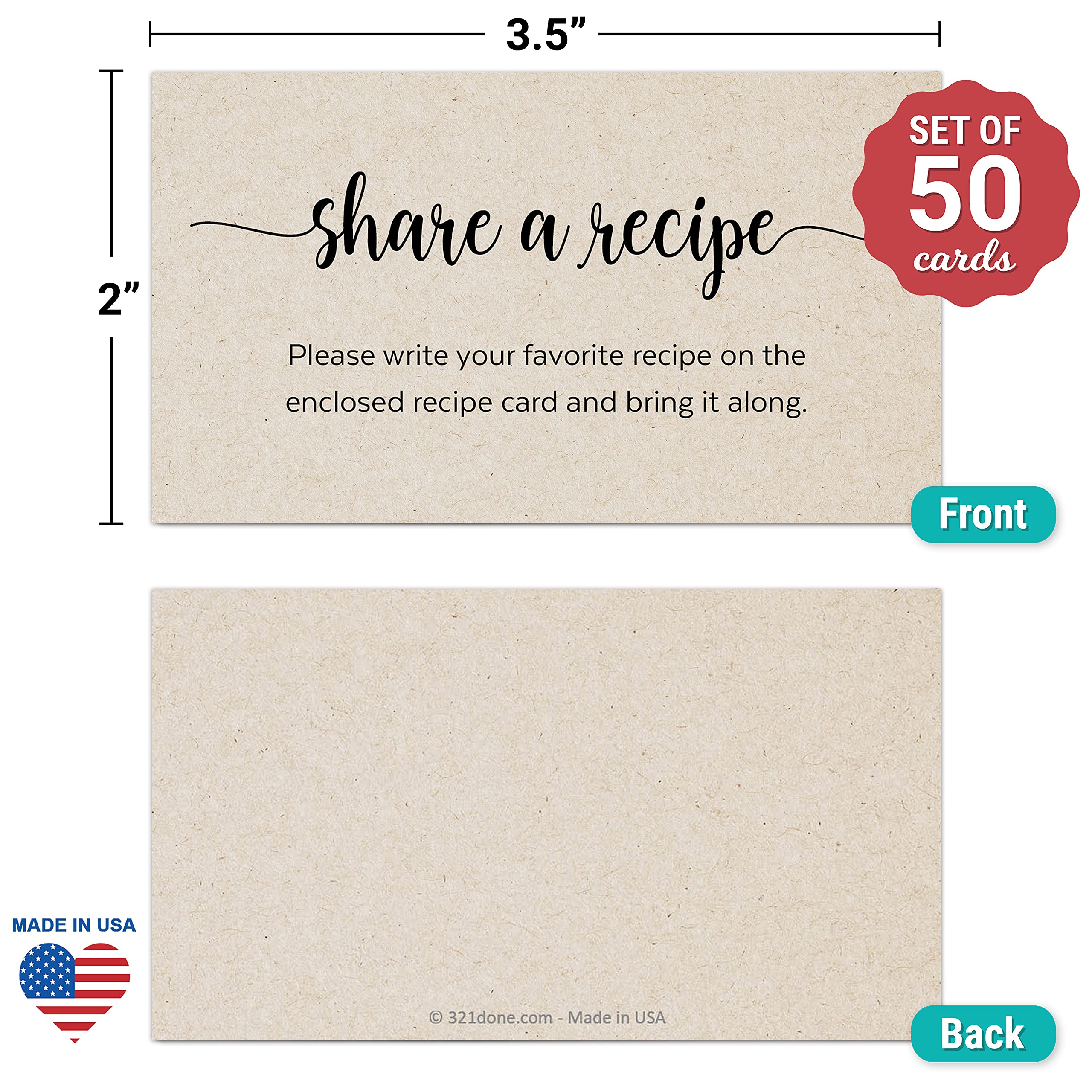 321Done Recipe Request Insert Card (Set Of 50) 3.5X2 Rustic Kraft - Small Share A Recipe Card For Bridal Shower, Invitation Inse
