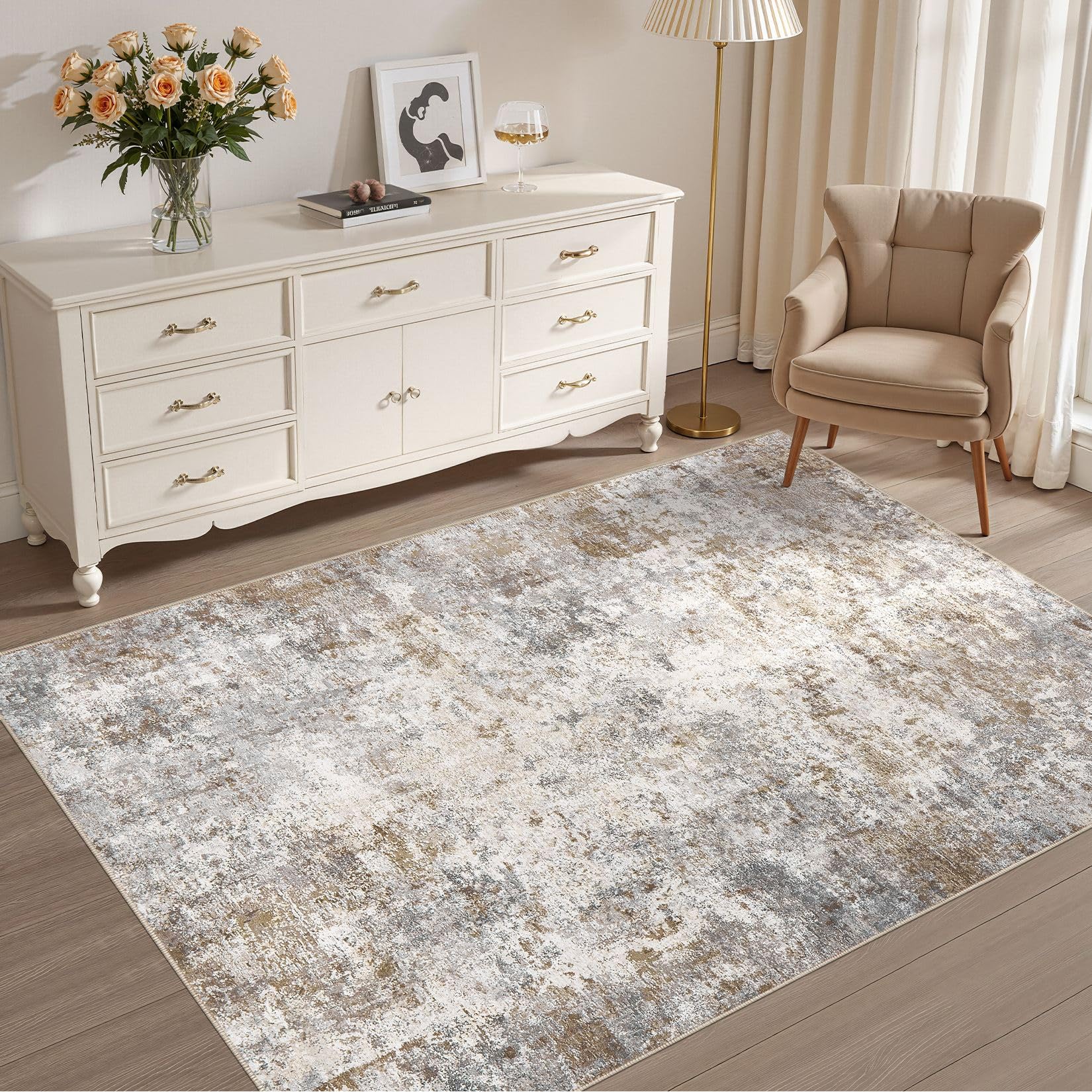 UERMEI 4x6 Area Rug Living Room Rugs - Washable Neutral Modern Abstract Soft Thin Rug Indoor Floor No Slip Rug Carpet for Bedroo
