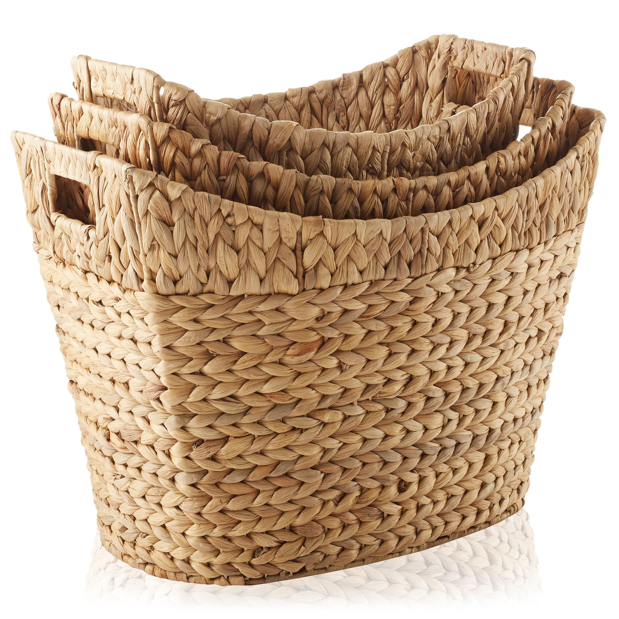 Casafield Set Of 3 Stackable Oval Laundry Baskets With Handles - Natural, Woven Water Hyacinth Storage Totes For Throw Blankets,
