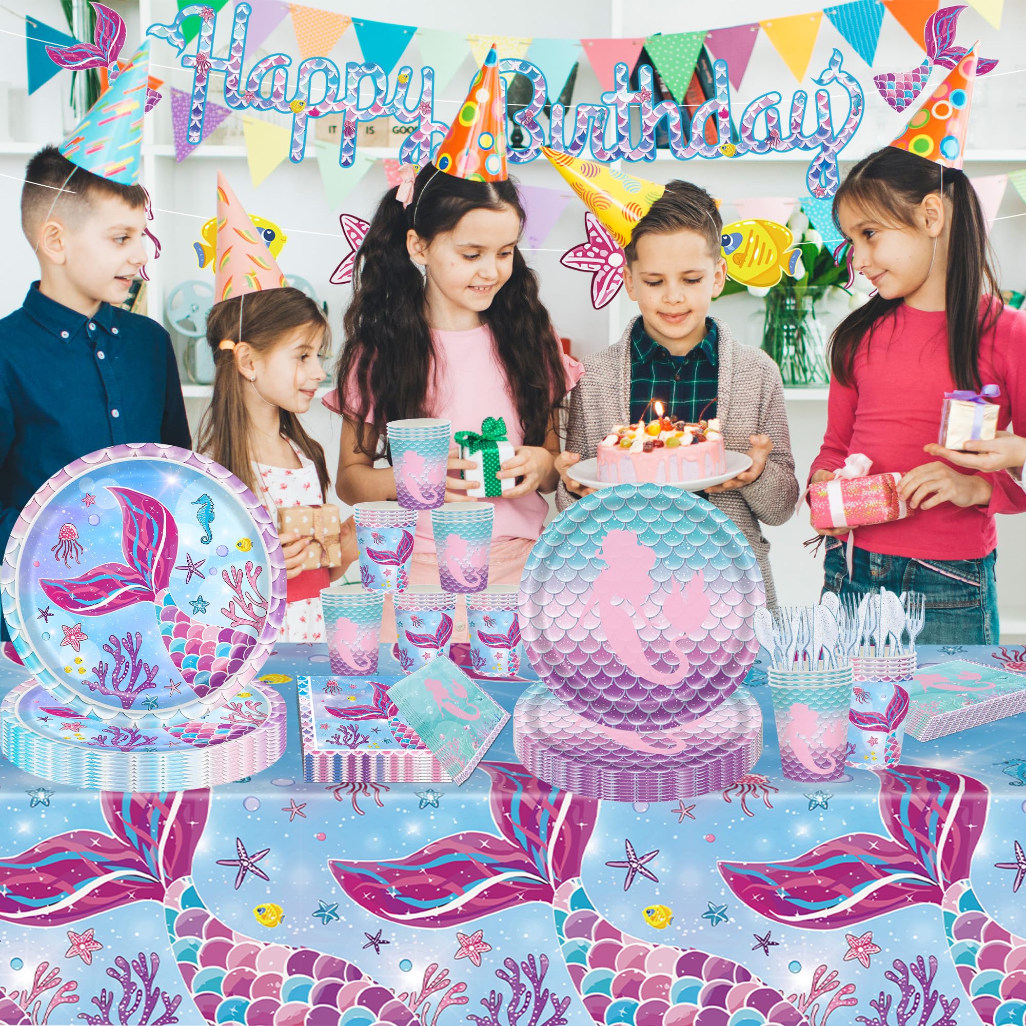 Sjjpdyy 171Pcs Mermaid Birthday Party Decorations Set Mermaid Party Supplies Includes Plates, Napkin, Fork, Cup, Tablecloth, Ban