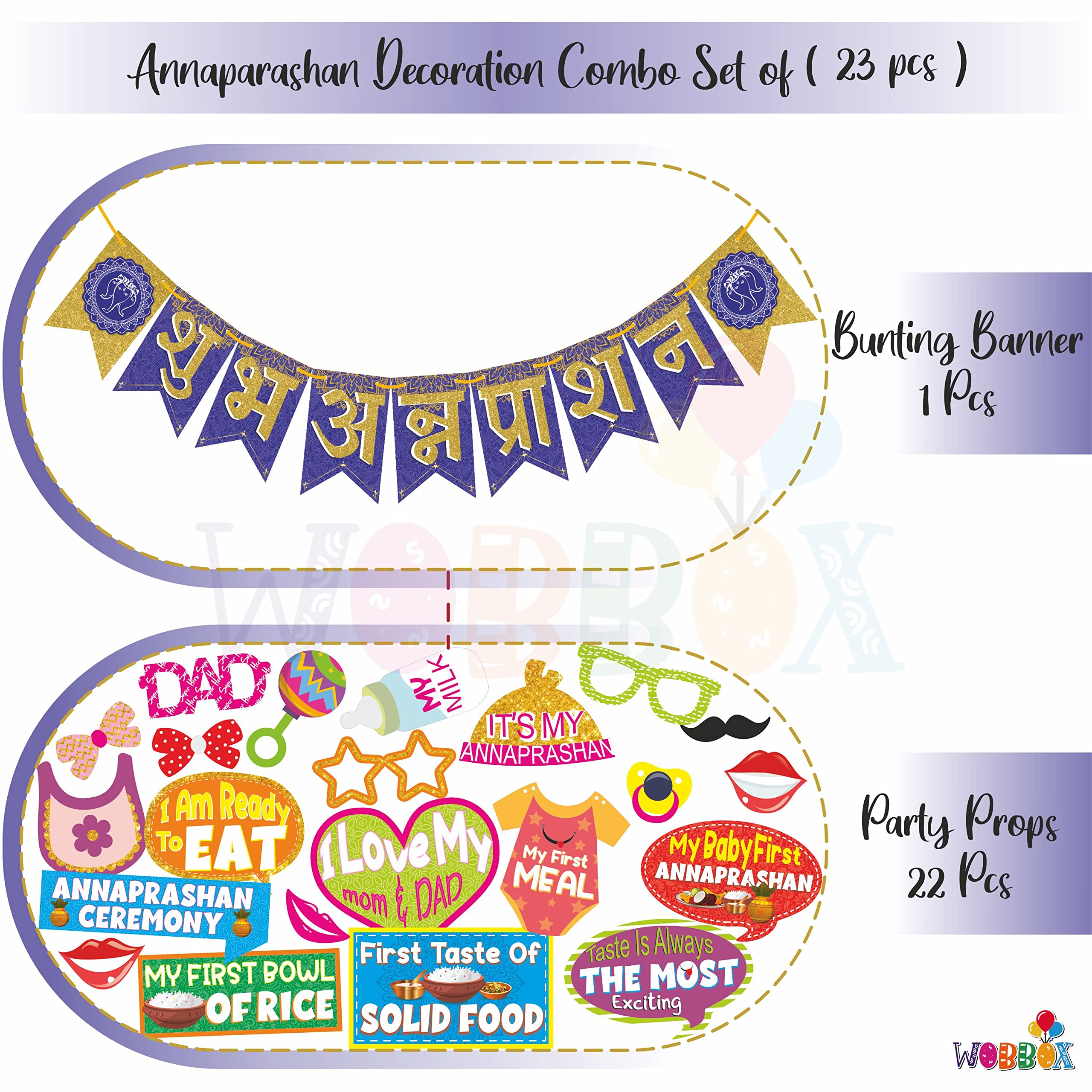 WOBBOX Annaprashan Photo Booth Party Props with Bunting Banner Hindi Font Shubh Annaprashan Dark Blue & Golden Color, Annaprasha