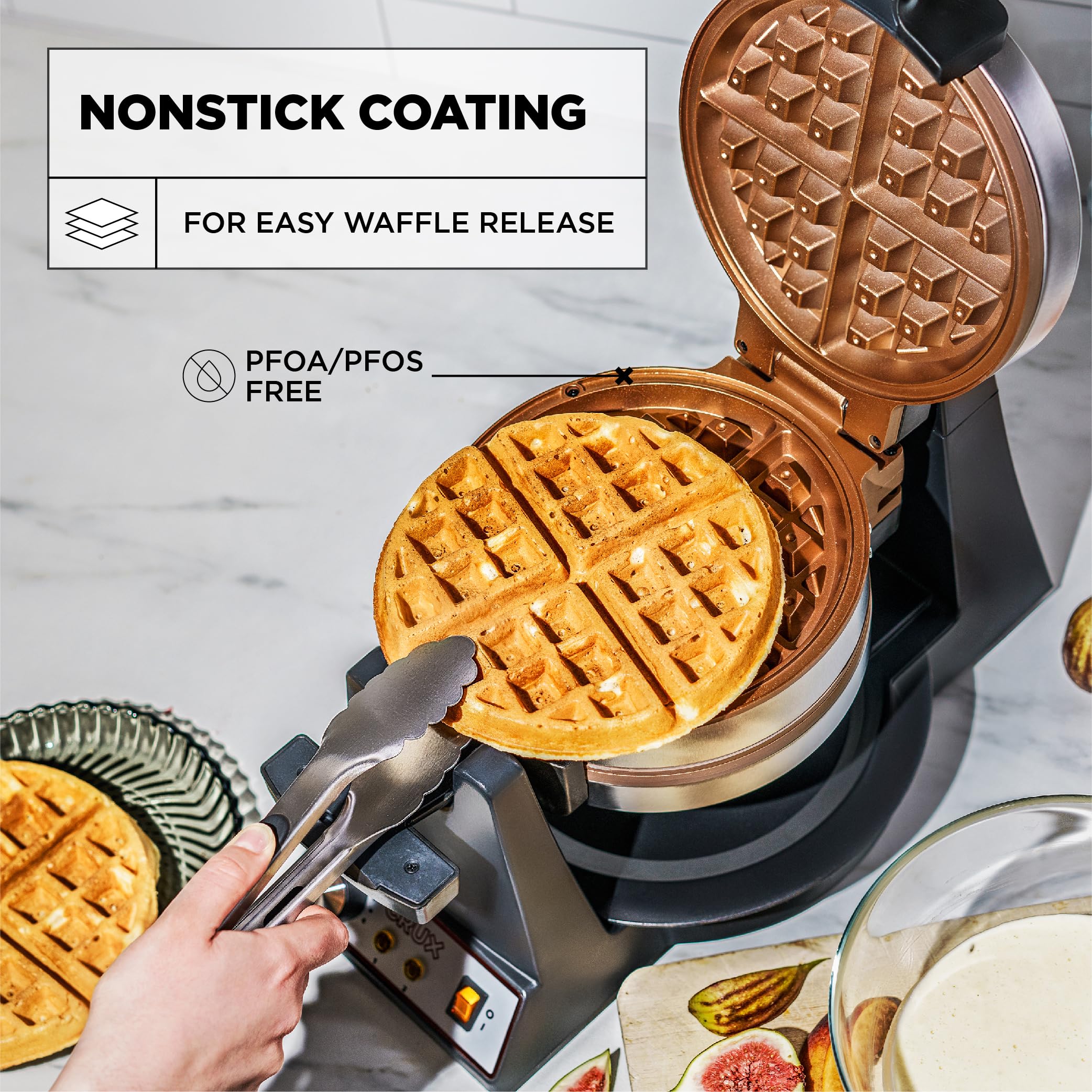 Crux Double Rotating Belgian Waffle Maker, Keto Chaffles Iron With Nonstick Pfoa Free Copper Plates For Easy Food Release, Brown