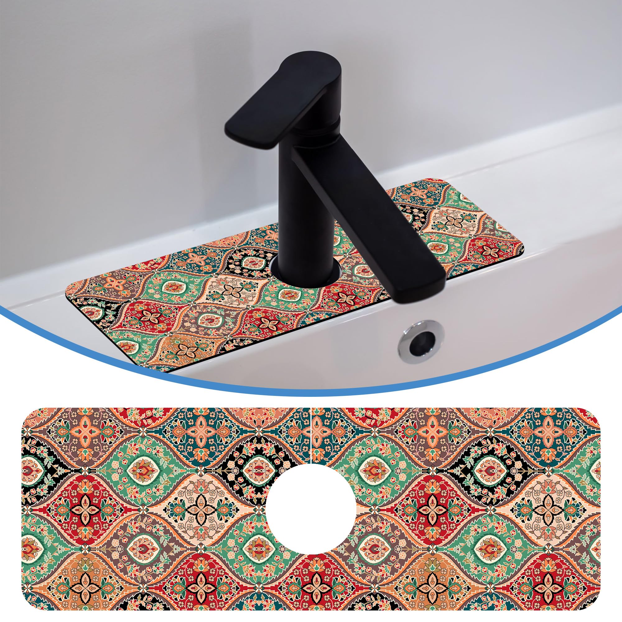 Faucet Mat Splash Guard Boho Rug, Soft Diatom Mud Material, Strong Water Absorption, Non-slip,Easy to Clean for Bathroom, Kitche