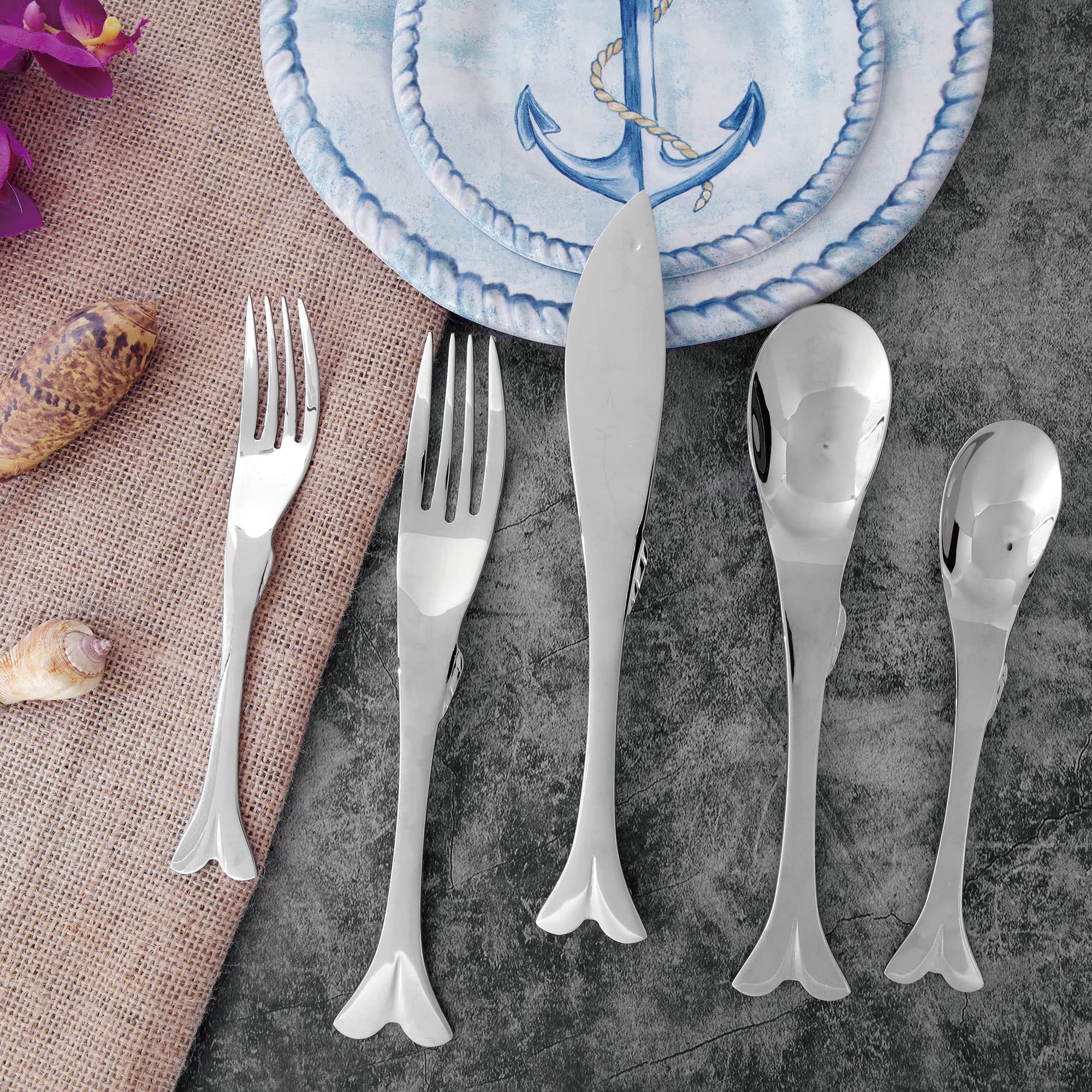 Upware 20-Piece Fish Shaped Flatware Set, 18/8 Stainless Steel Silverware Cutlery Set, Service For 4, Mirror Polished, Dishwashe